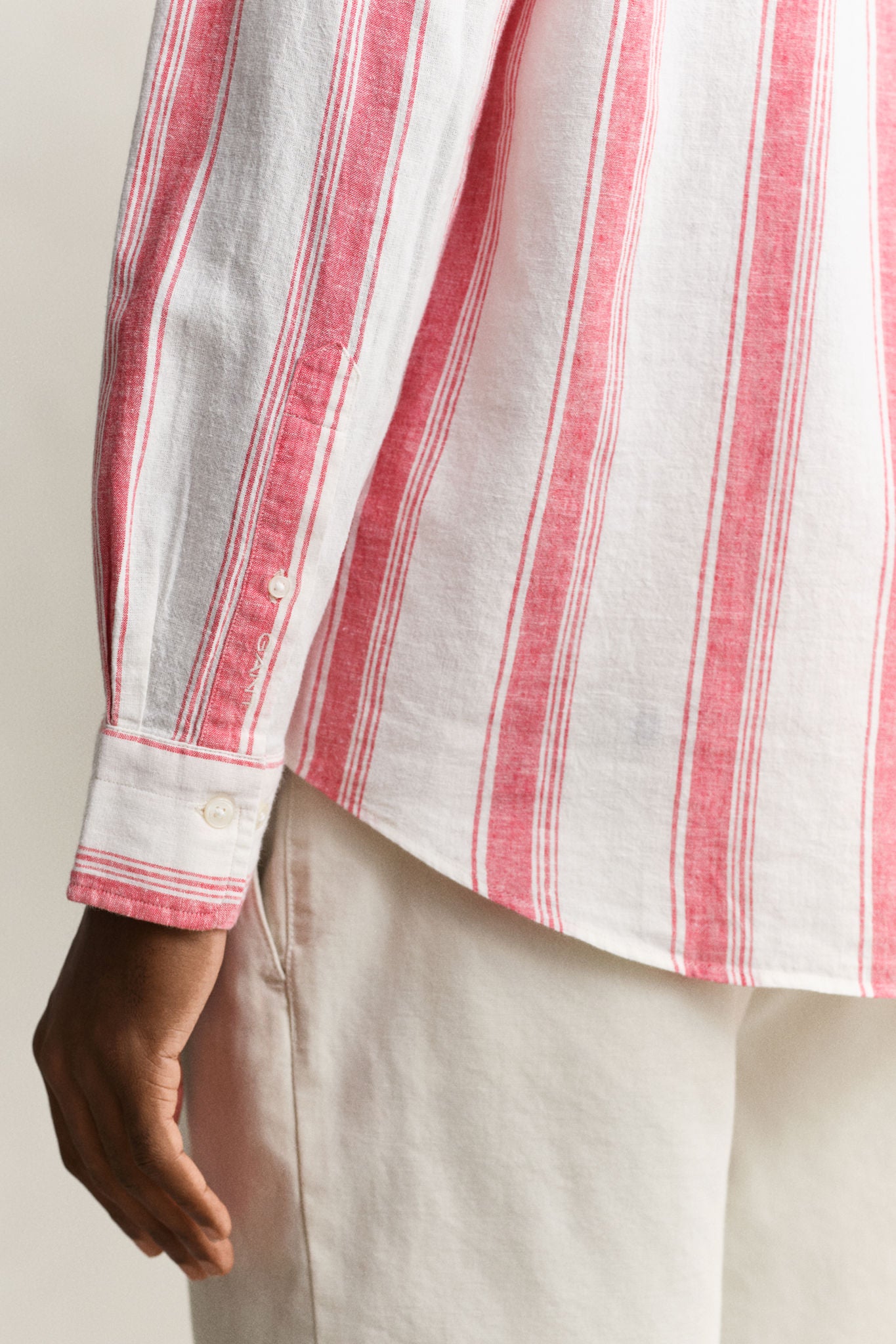 Reg Cotton Linen Stripe Shirt Rose Red