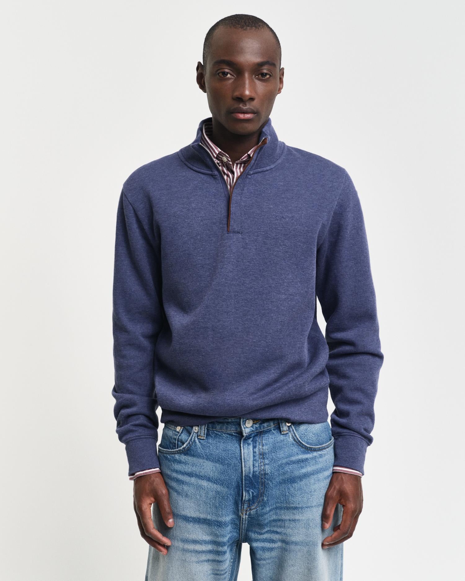 College Sweater With Half-Zip Dk Jeansblue Melange