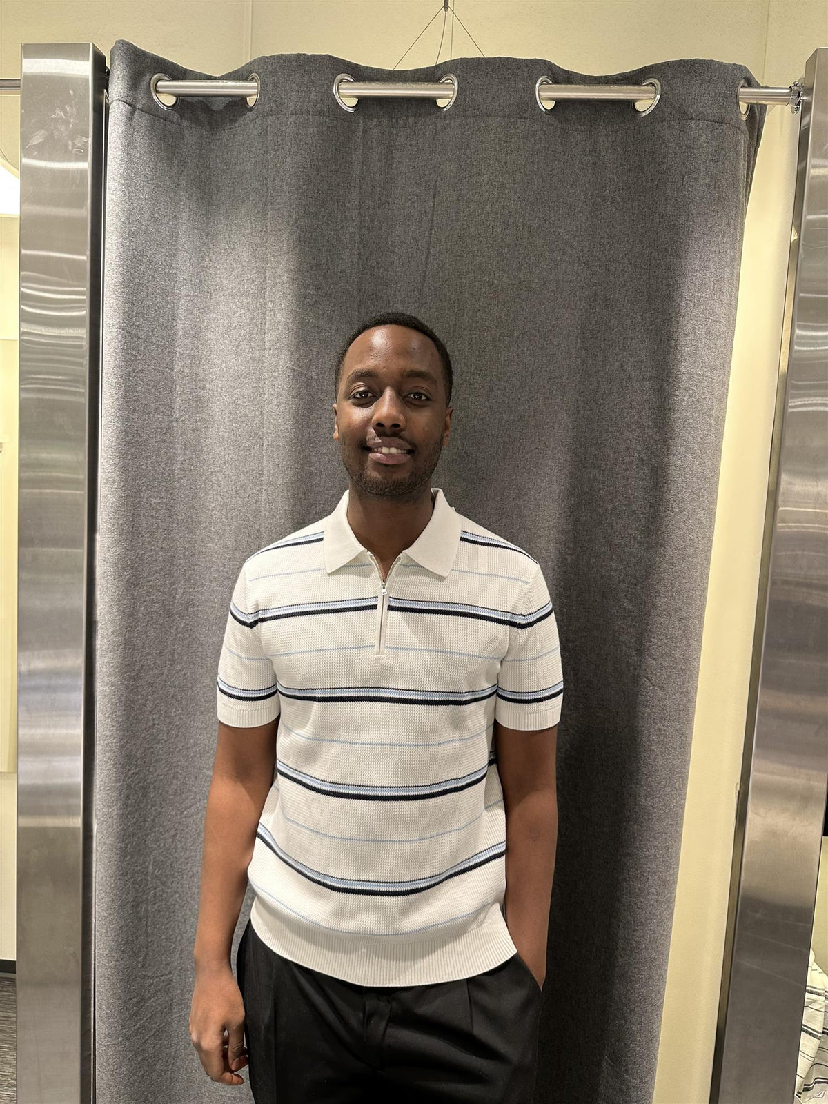 Striped Textured Zip Polo Eggshell