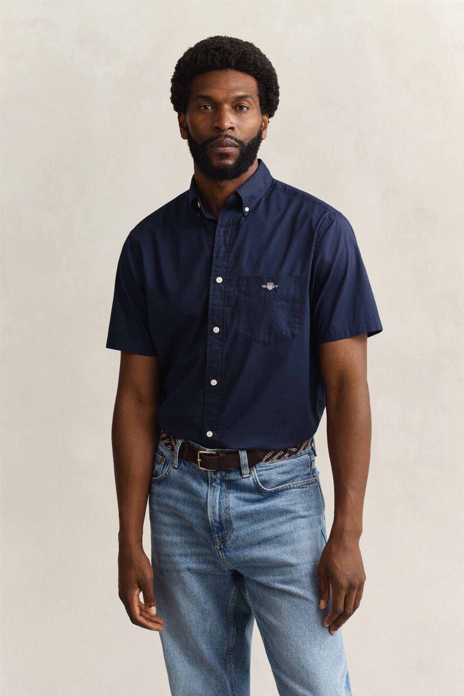 Reg Classic Poplin Ss Shirt Marine