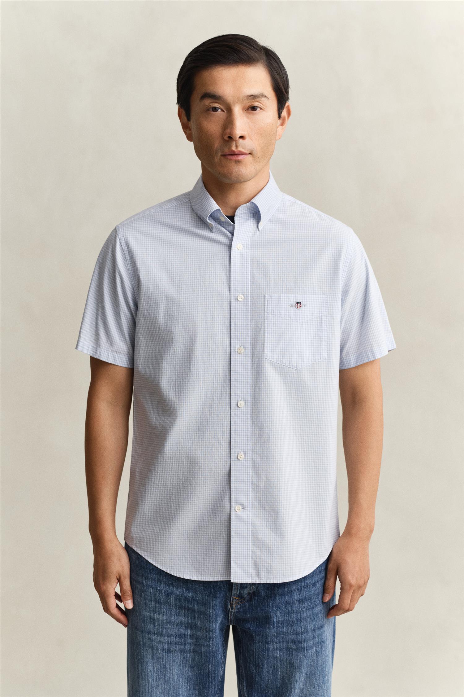 Reg Classic Poplin Gingh Ss Shirt Light Blue