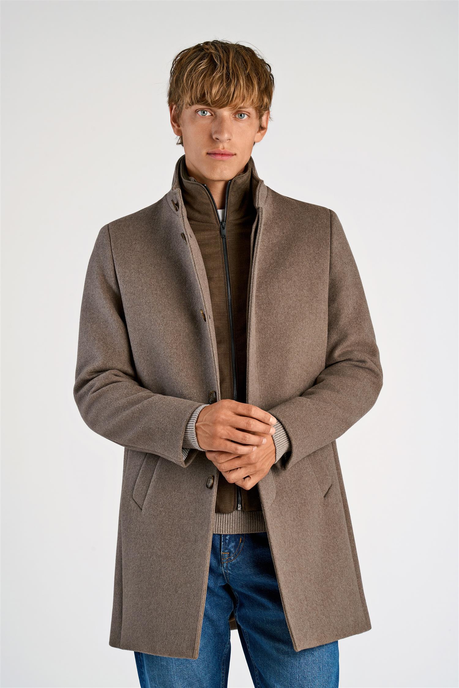 Detachable Collar Wool Coat Mid Brown
