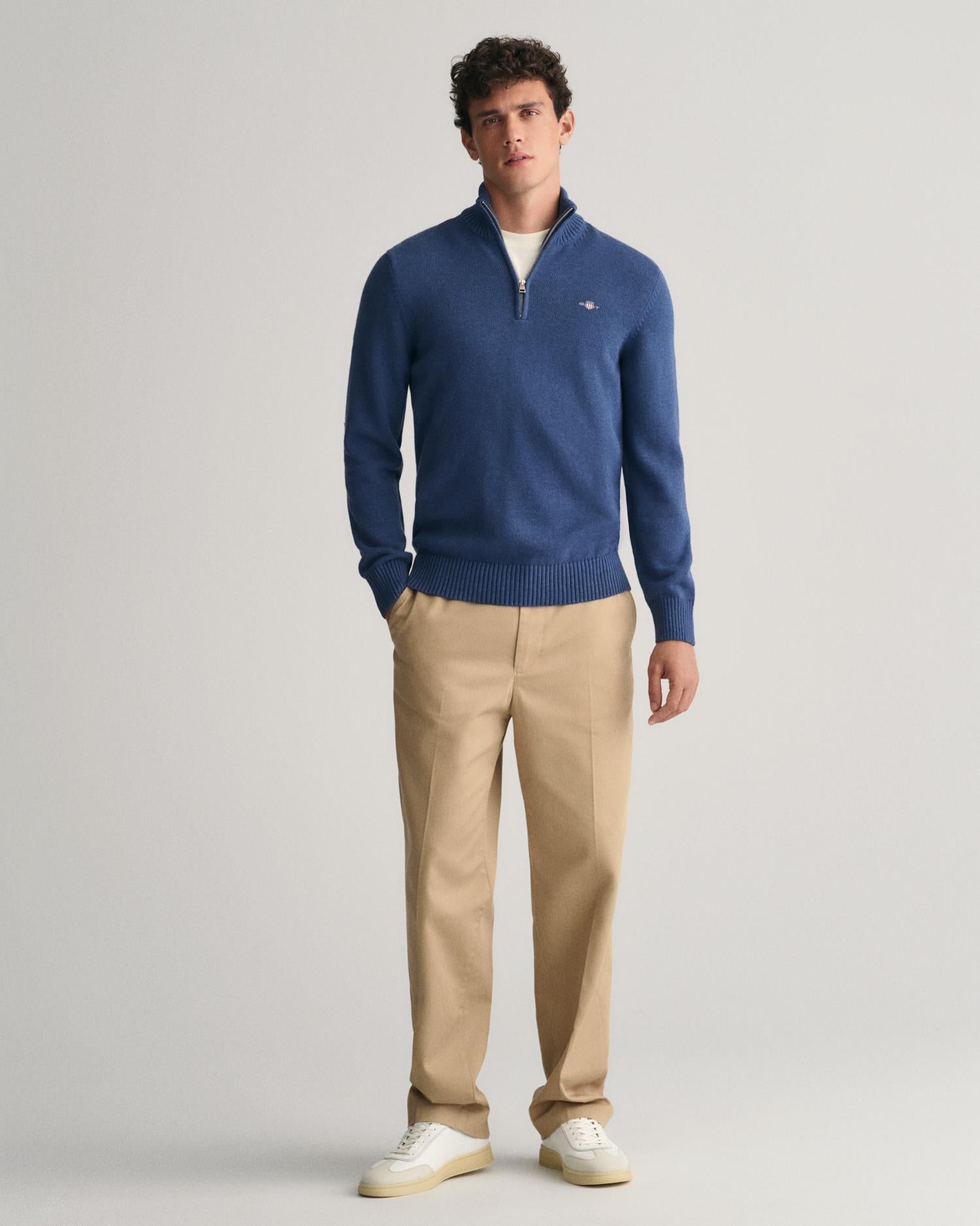 Casual Cotton Half Zip Dk Jeansblue Melange