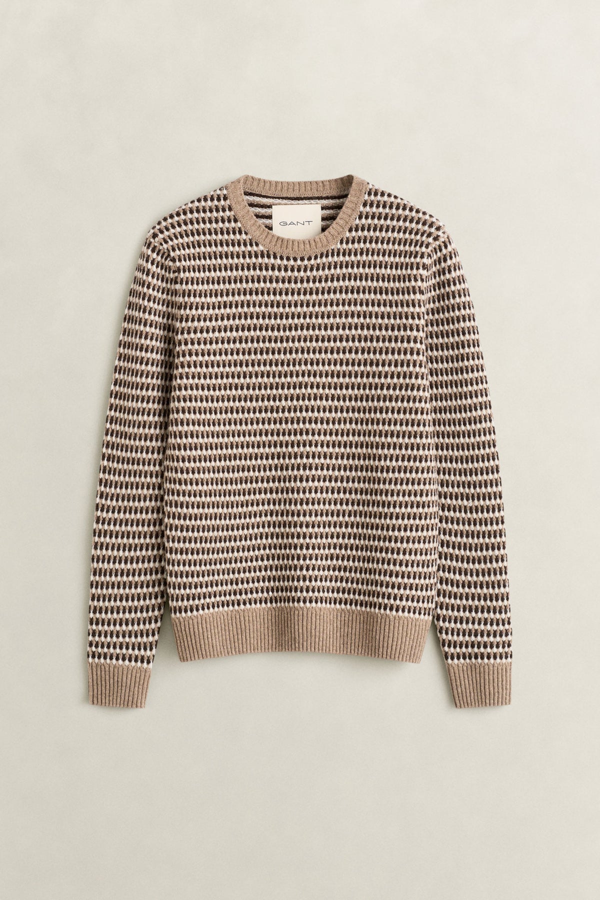 Textured 3 Tone Wool Blend C-Neck Dk. Sand Melange