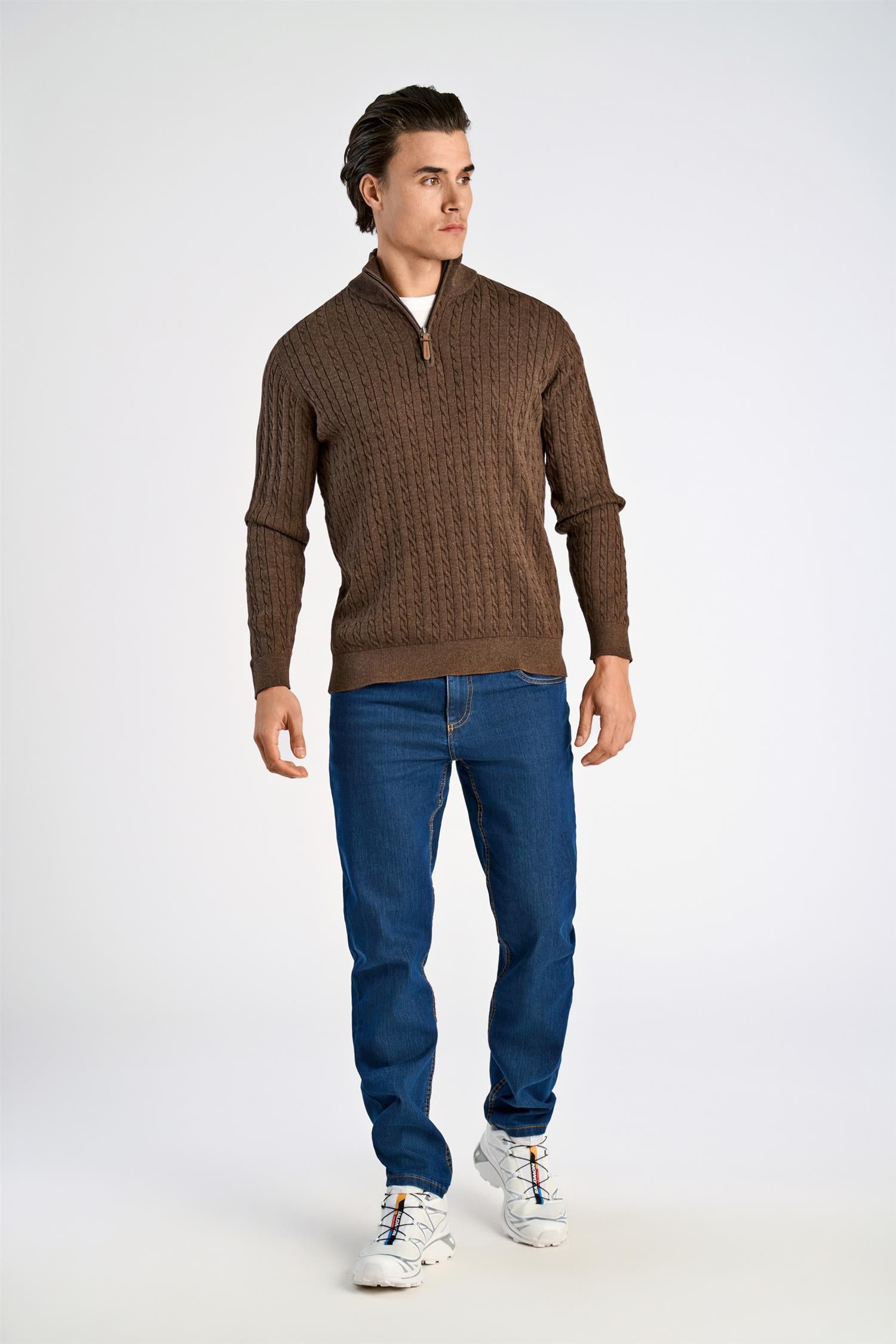 1/2 zip cable knit Mid Brown Mel