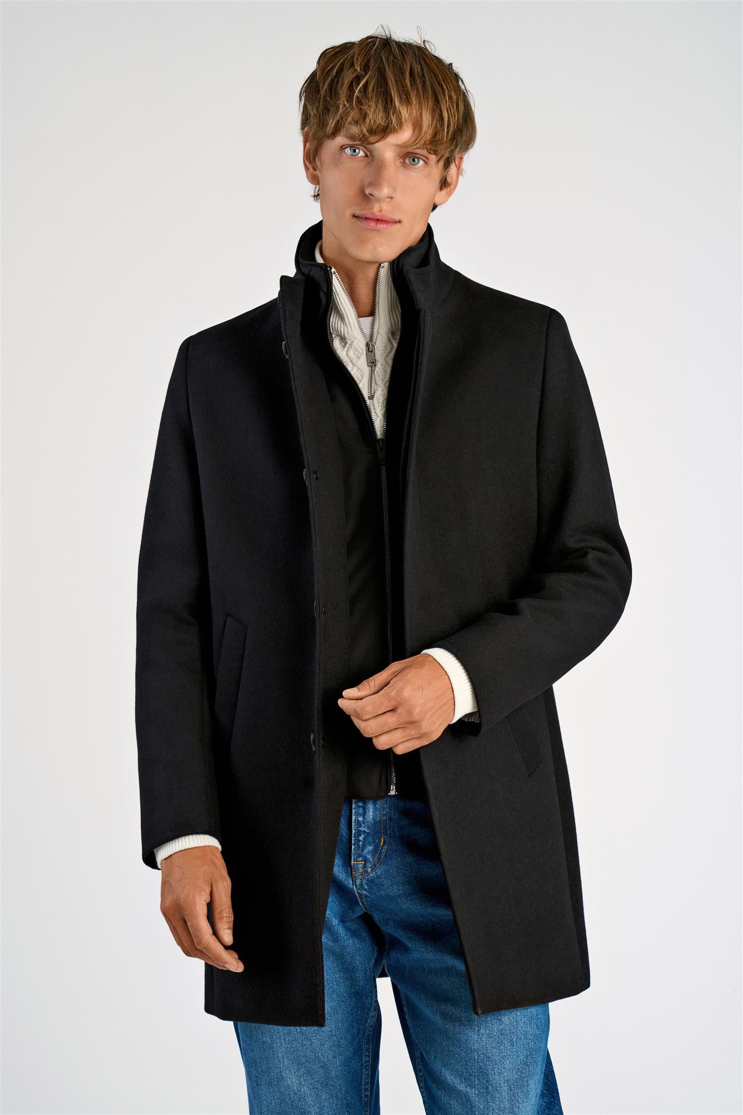 Detachable Collar Wool Coat Black