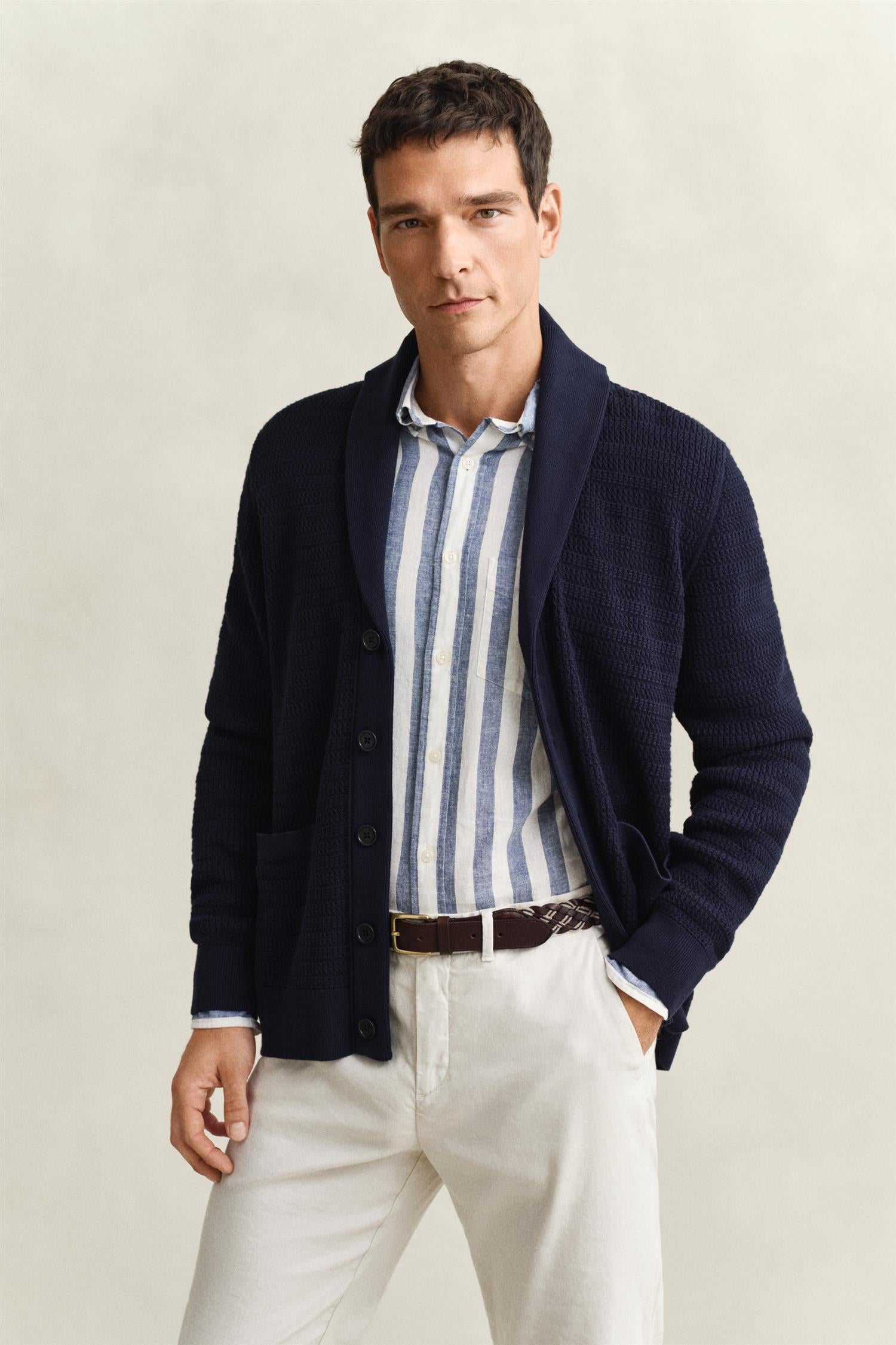 Mini Cable Shawl Collar Cardigan Evening Blue