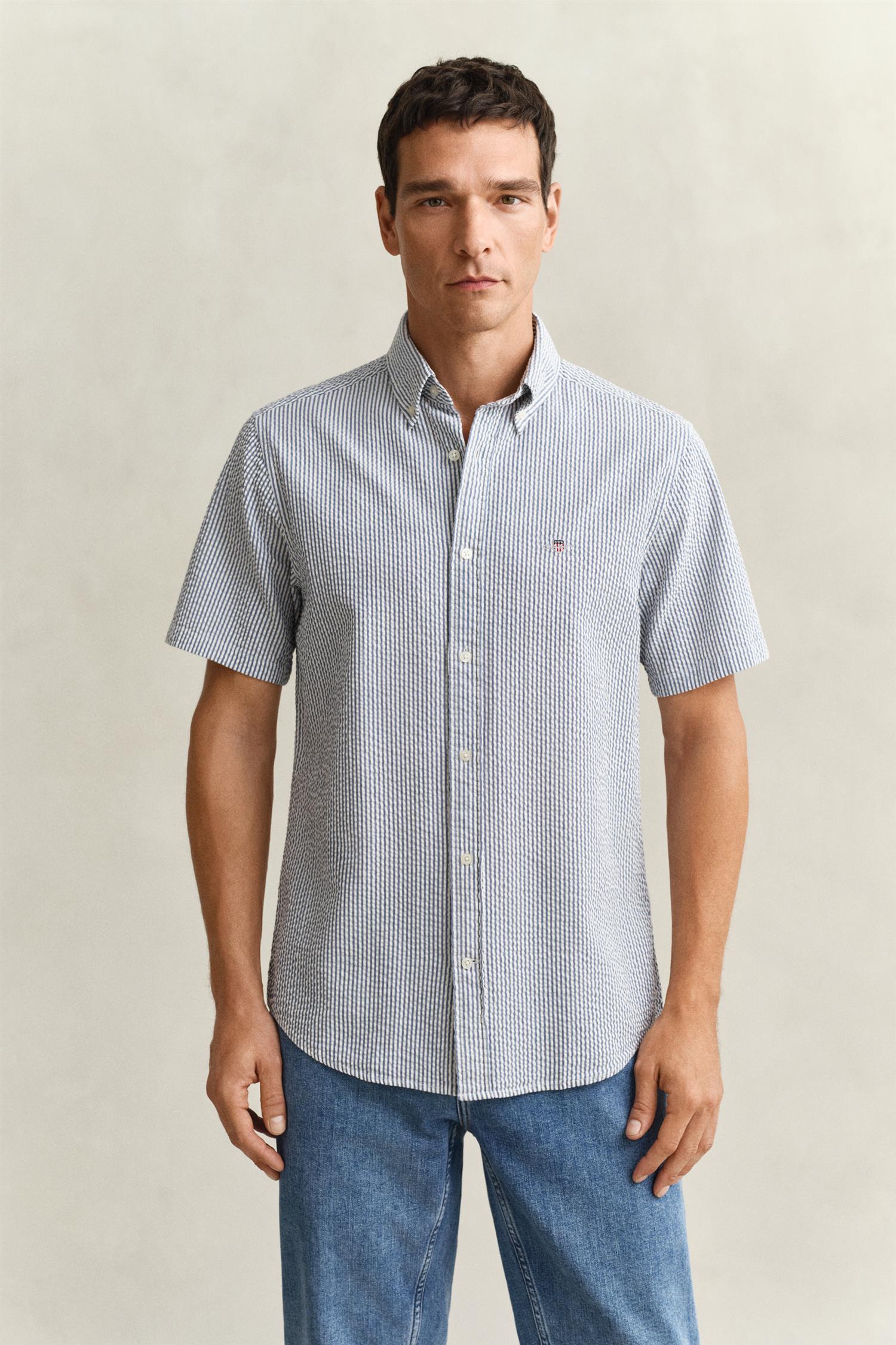 Reg Seersucker Stripe Ss Shirt Vintage Blue