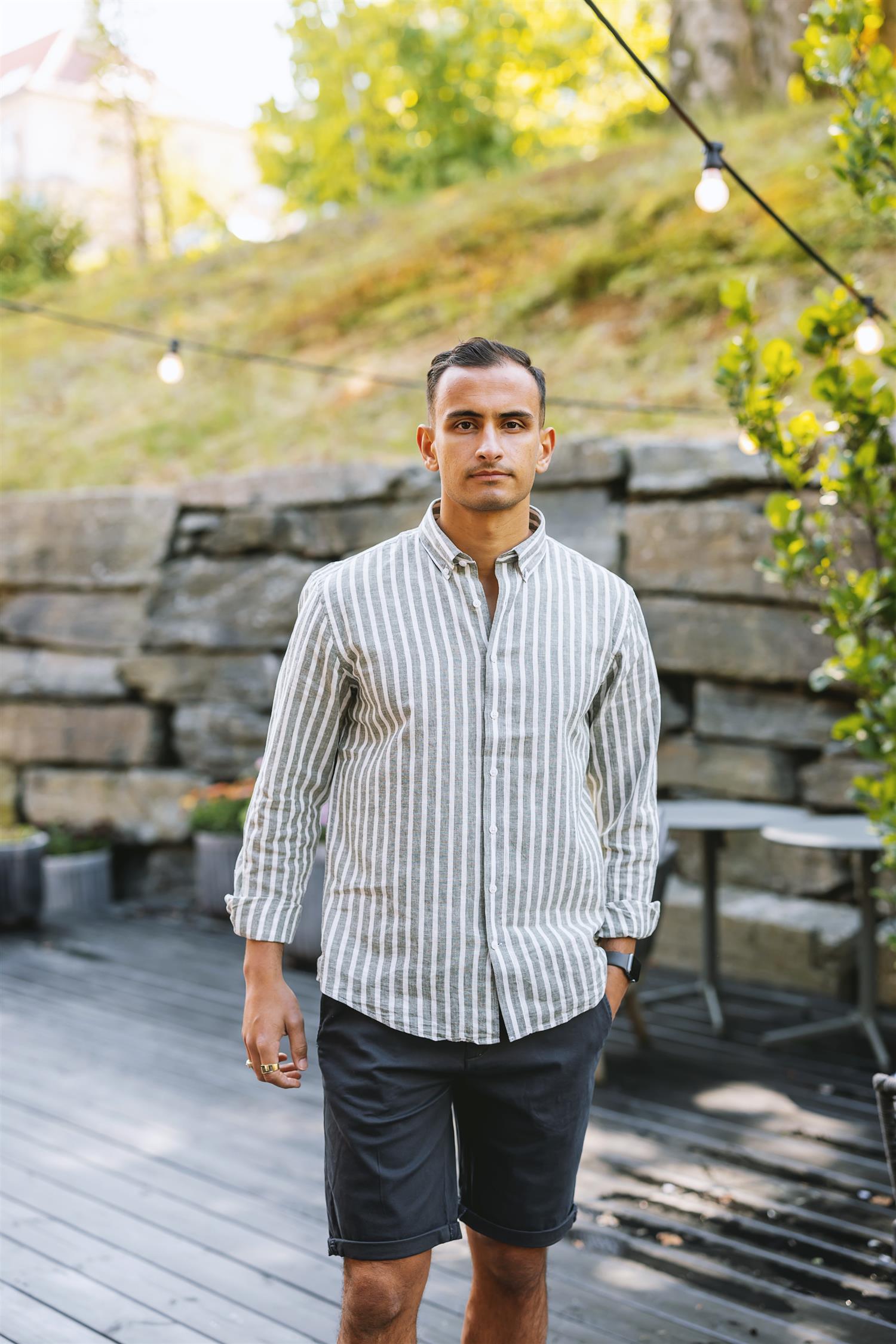 Striped cotton/linen shirt L/S Army