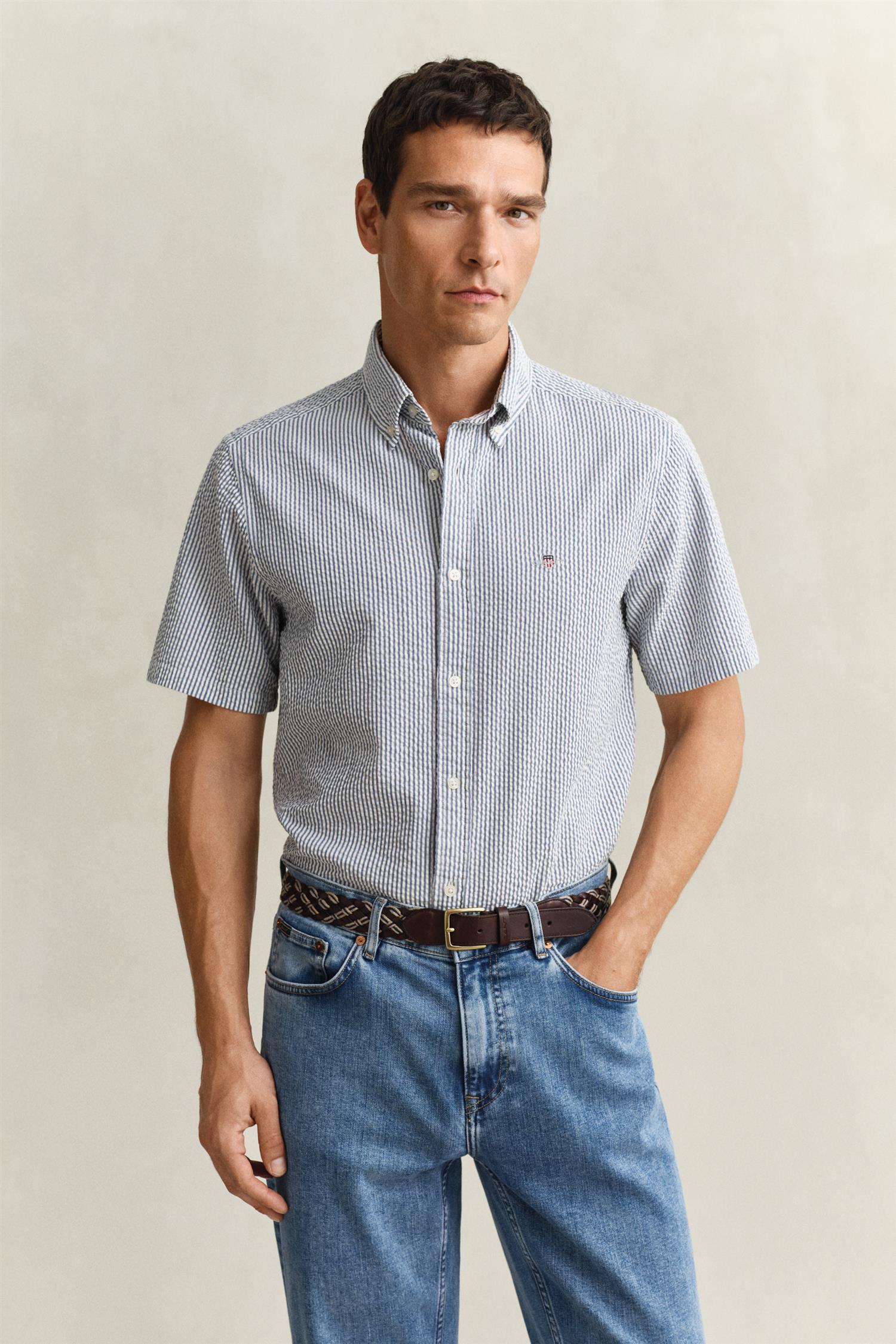 Reg Seersucker Stripe Ss Shirt Vintage Blue