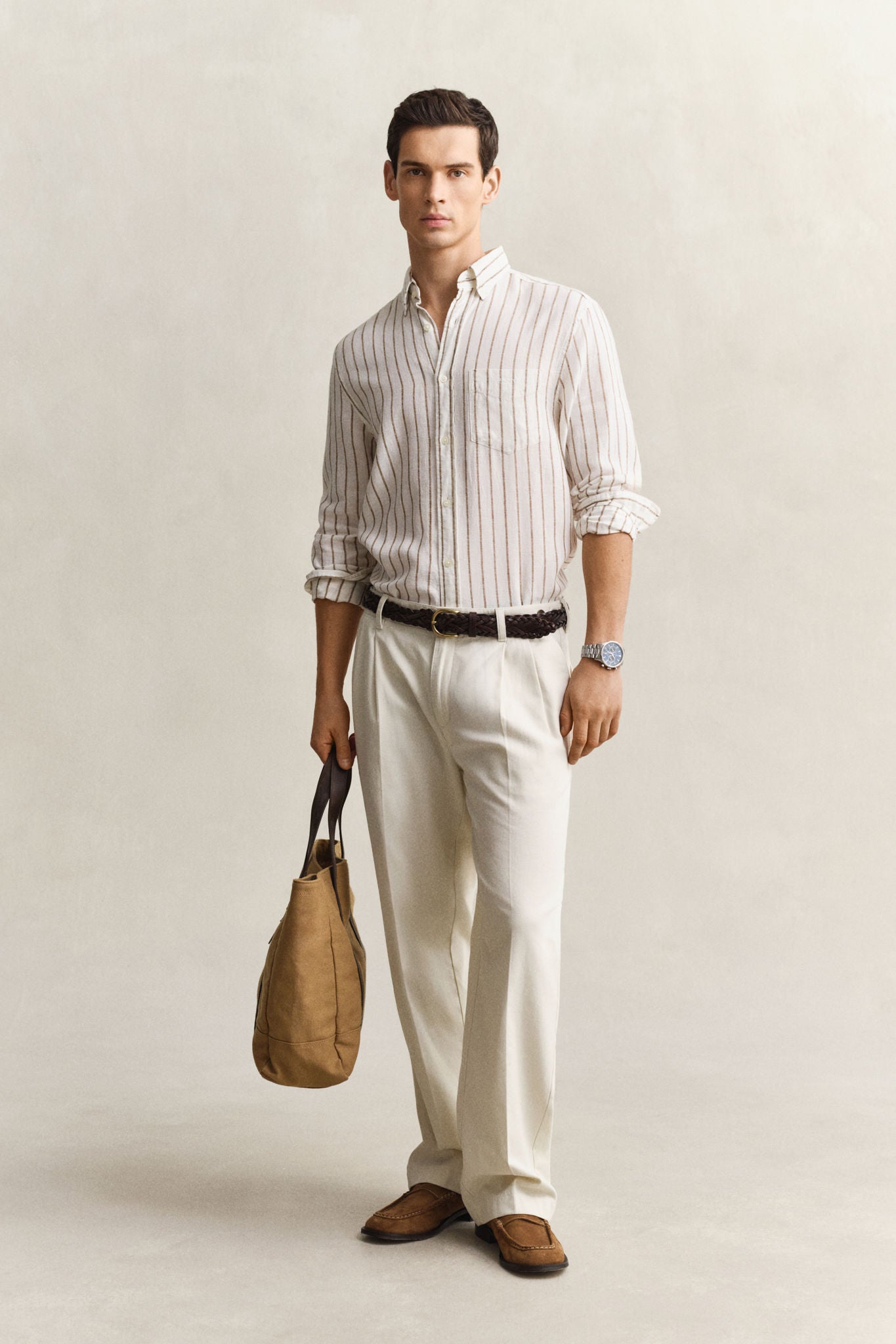 Reg Linen Viscose Stripe Shirt Cream