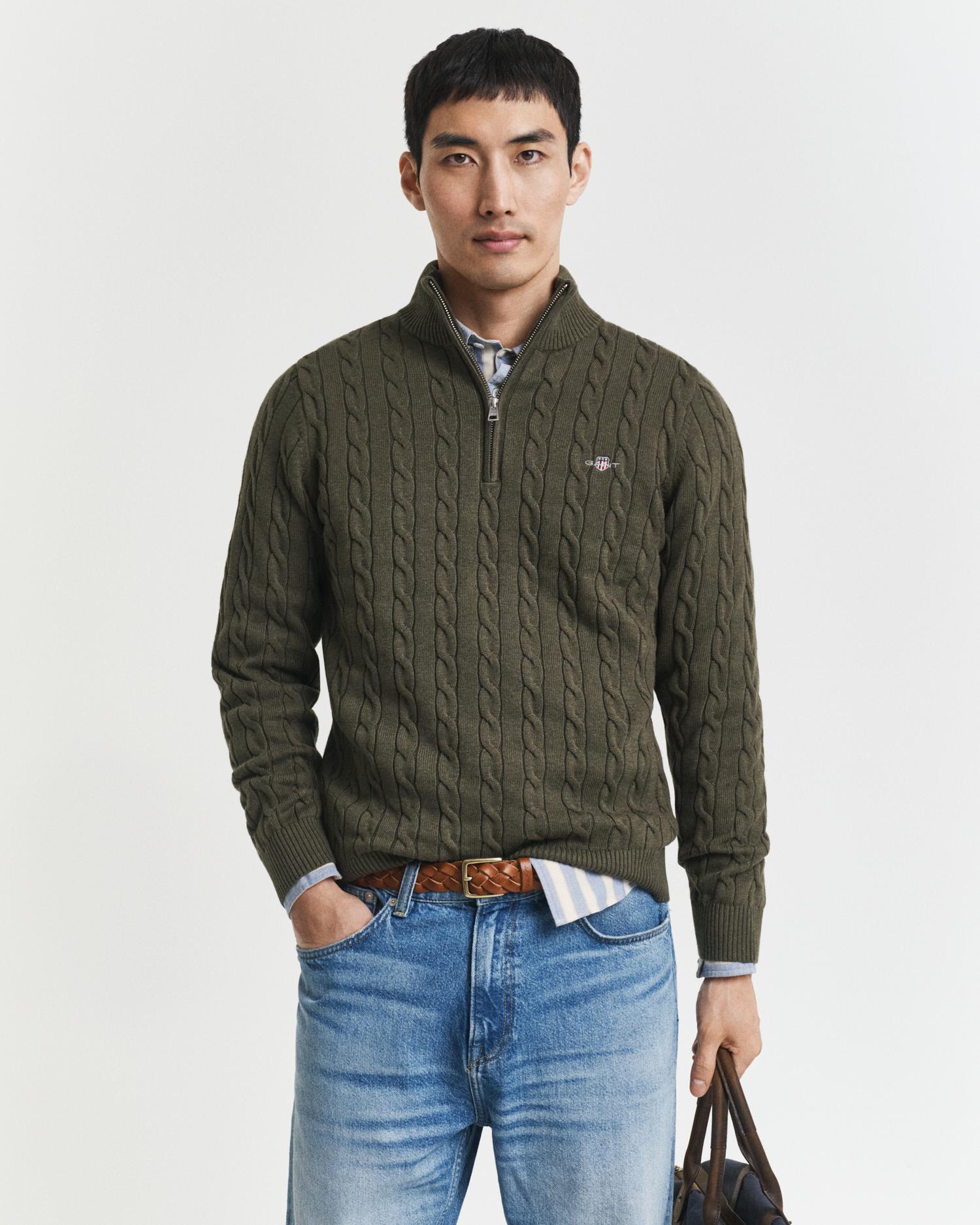 Cotton Cable Half Zip Khaki Green Mel