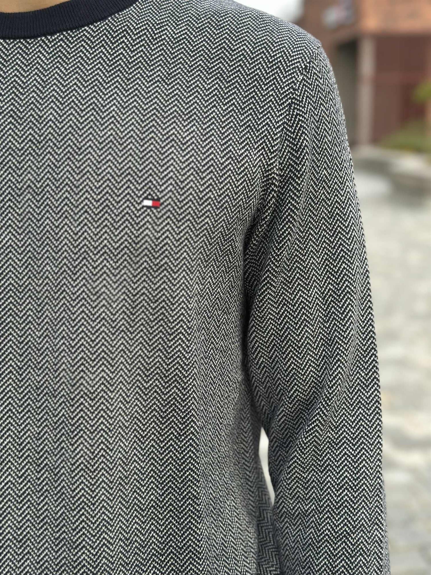 Pima Ctn Cash Herringbone Crew Desert Sky/Ivory Petal