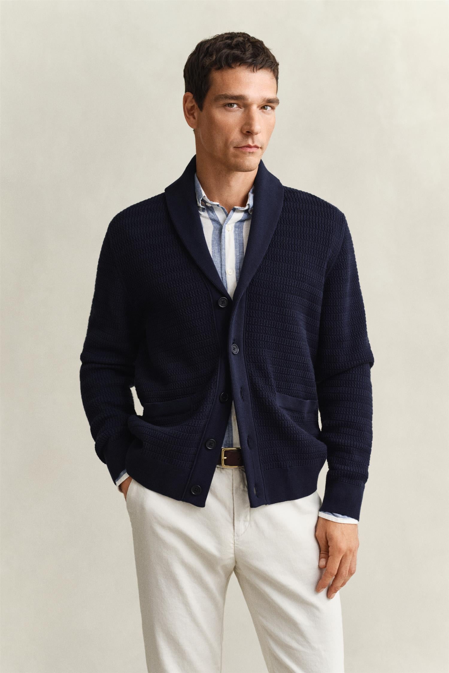 Mini Cable Shawl Collar Cardigan Evening Blue
