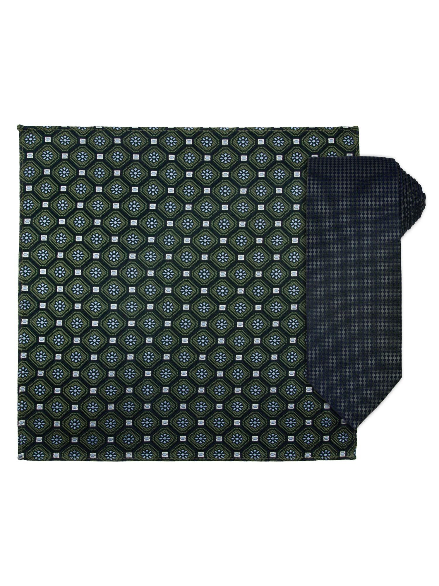 Santi silkeslips+lommetørkle mønstert Navy