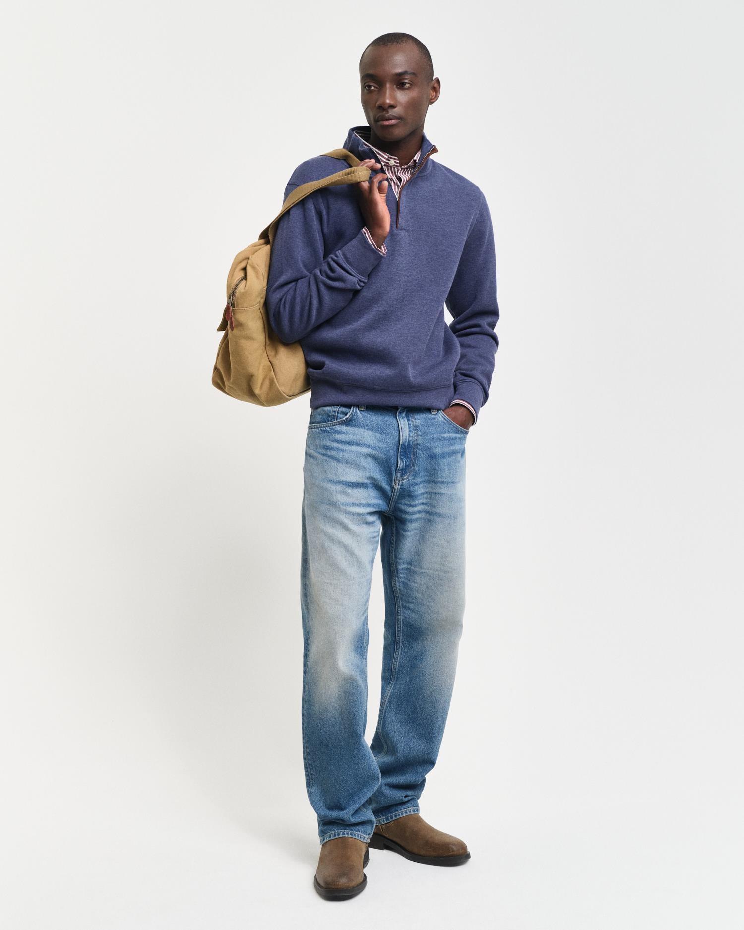 College Sweater With Half-Zip Dk Jeansblue Melange