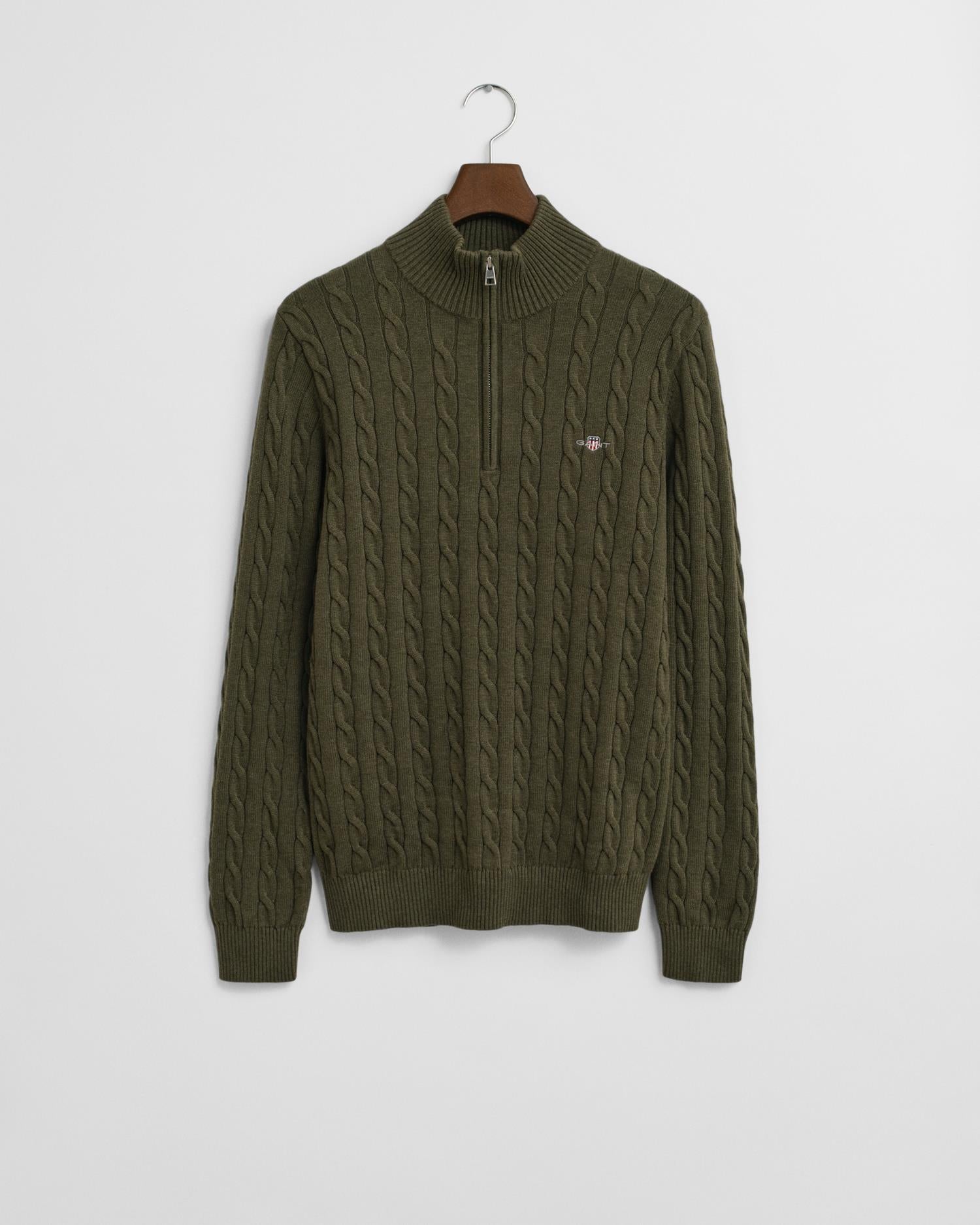 Cotton Cable Half Zip Khaki Green Mel