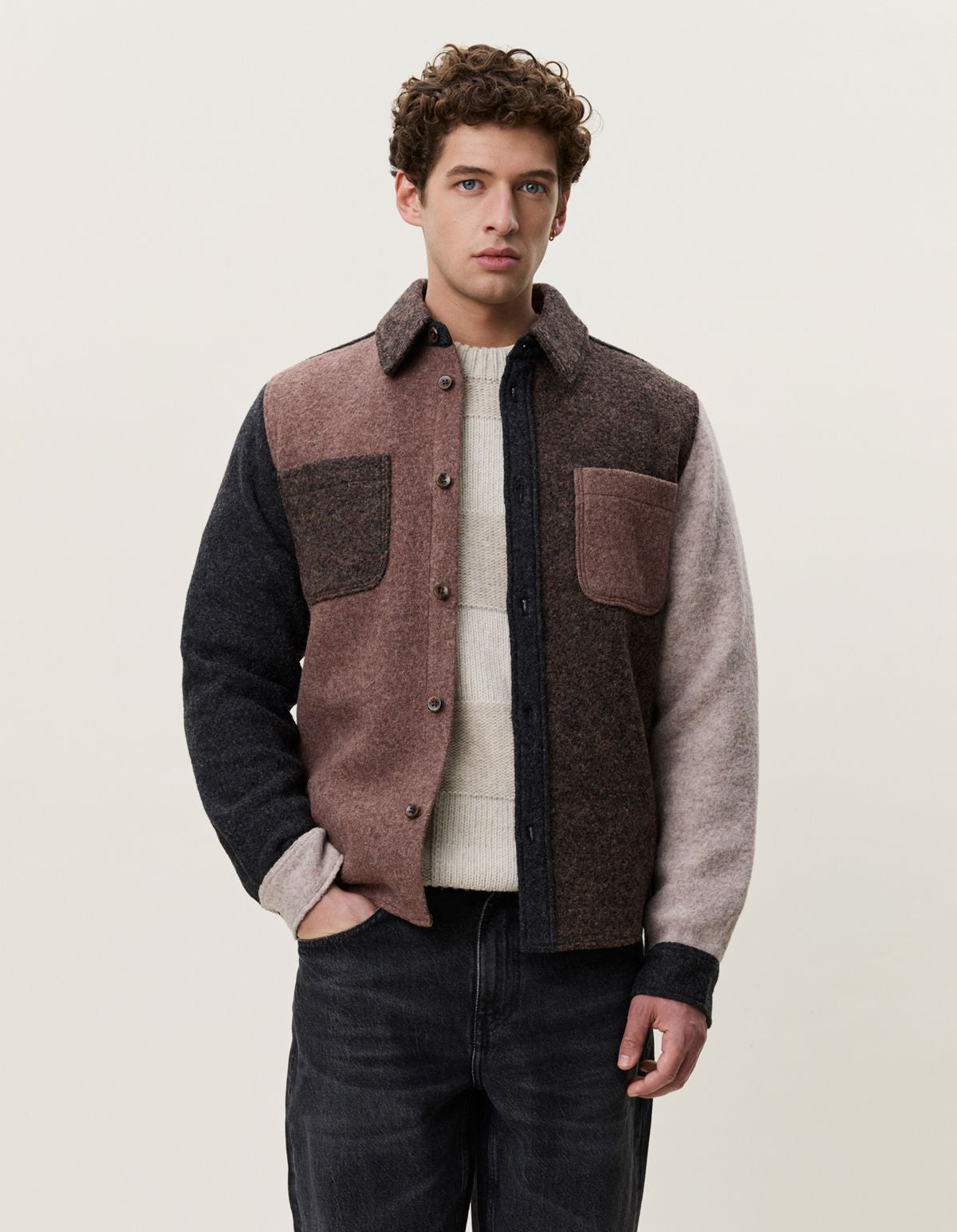 Wool Colourblock Overshirt Molé Brown