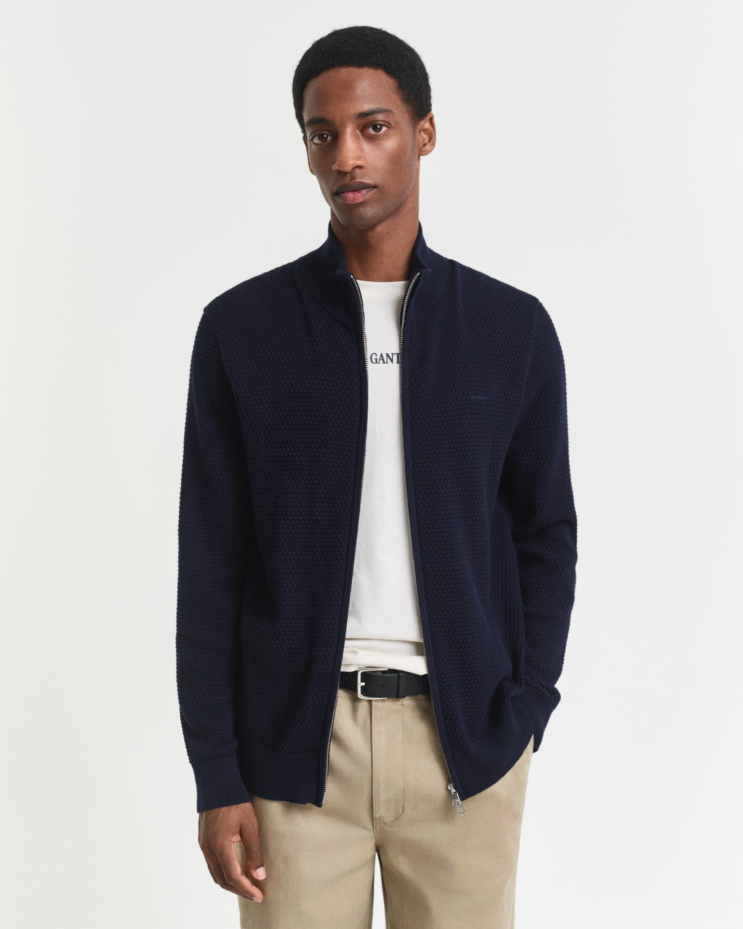 Textured Cotton Merino Cardigan Evening Blue