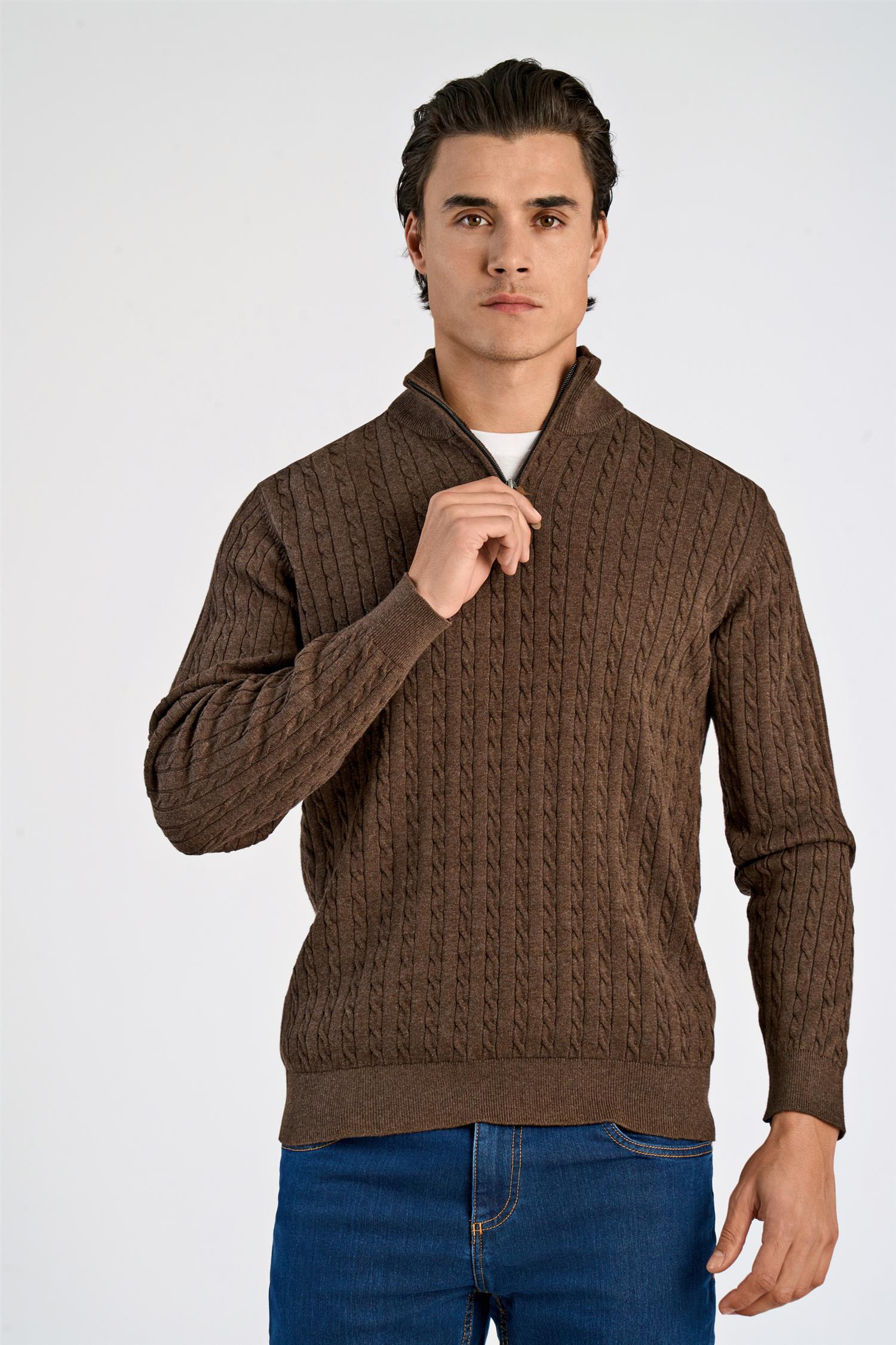 1/2 zip cable knit Mid Brown Mel