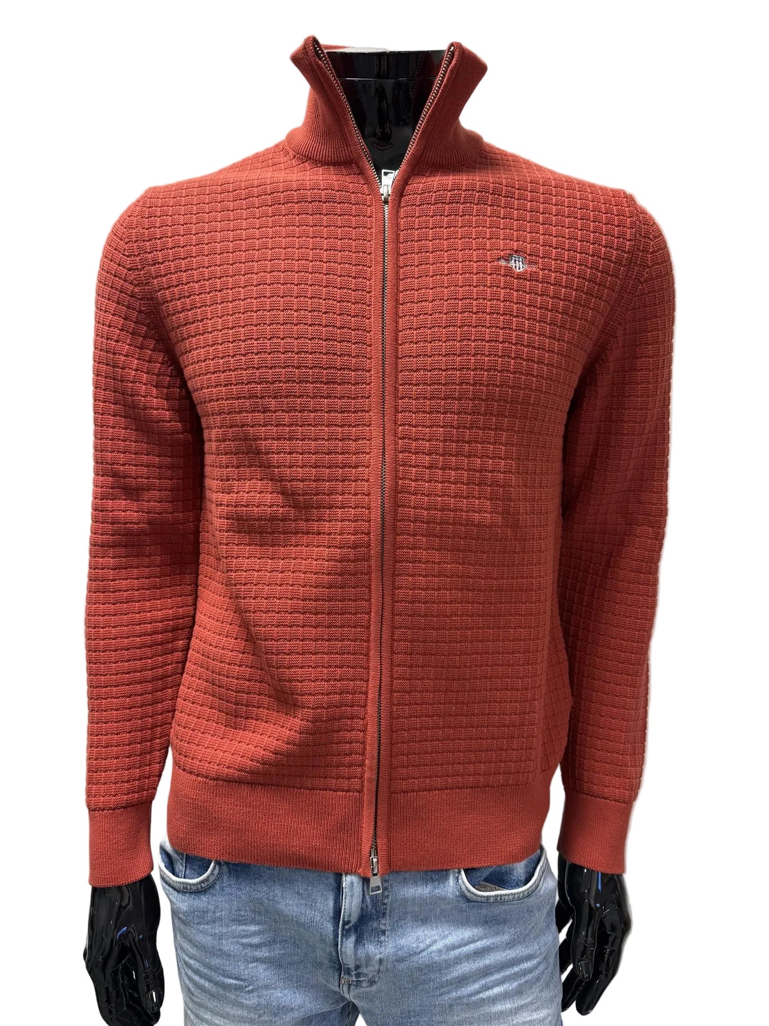 Cotton Textured Zip Cardigan Iron Red