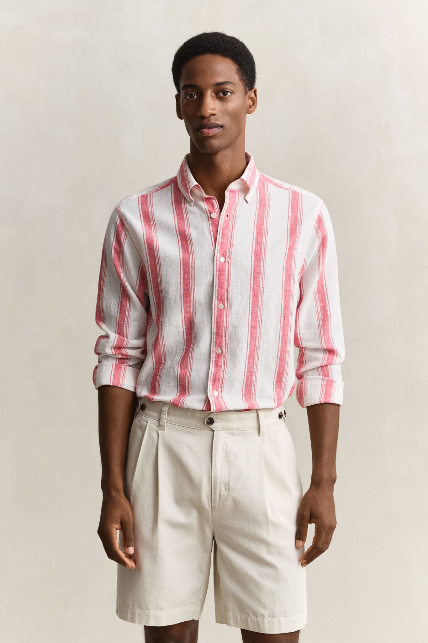 Reg Cotton Linen Stripe Shirt Rose Red
