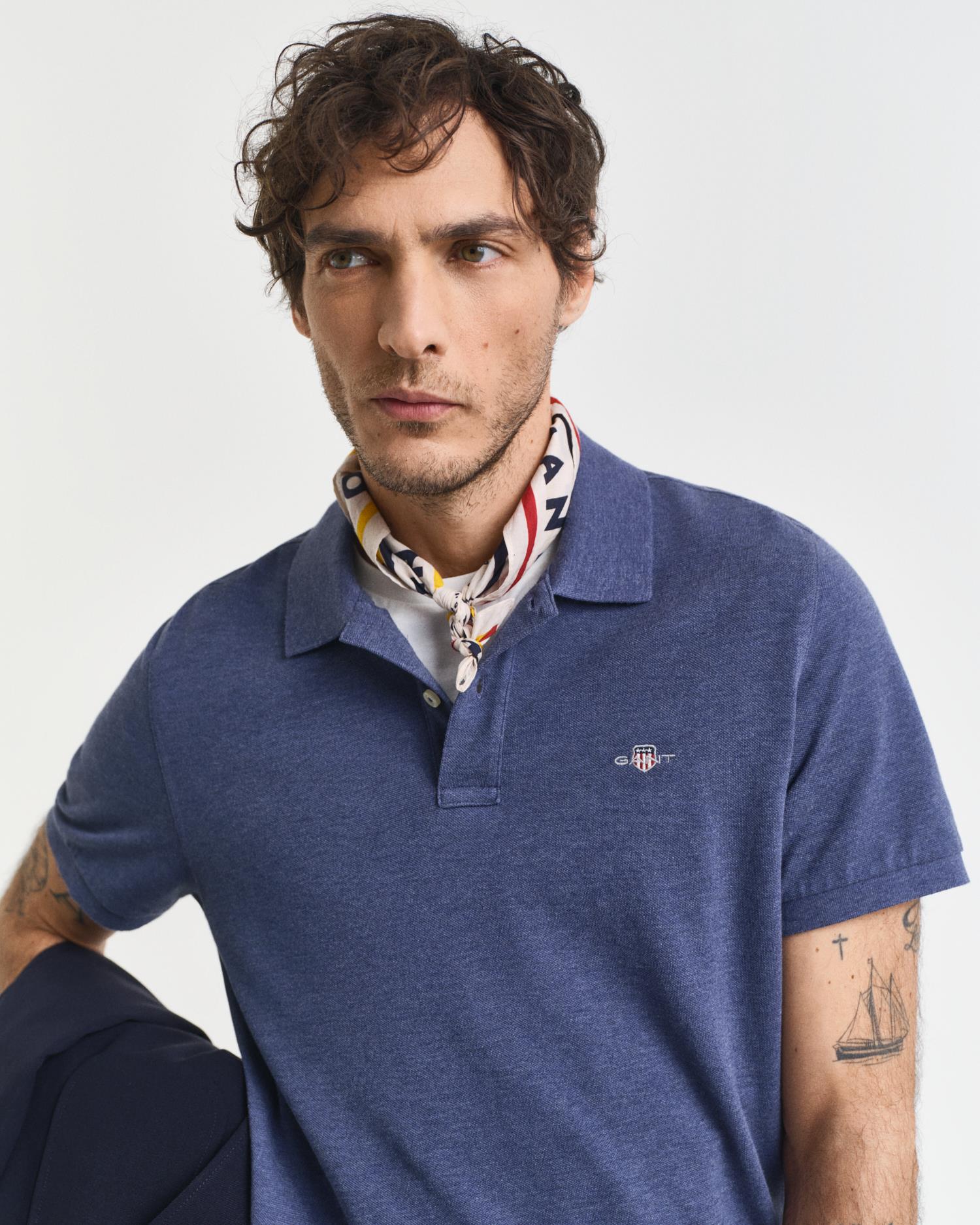 Reg Shield Ss Pique Polo Dk Jeansblue Melange