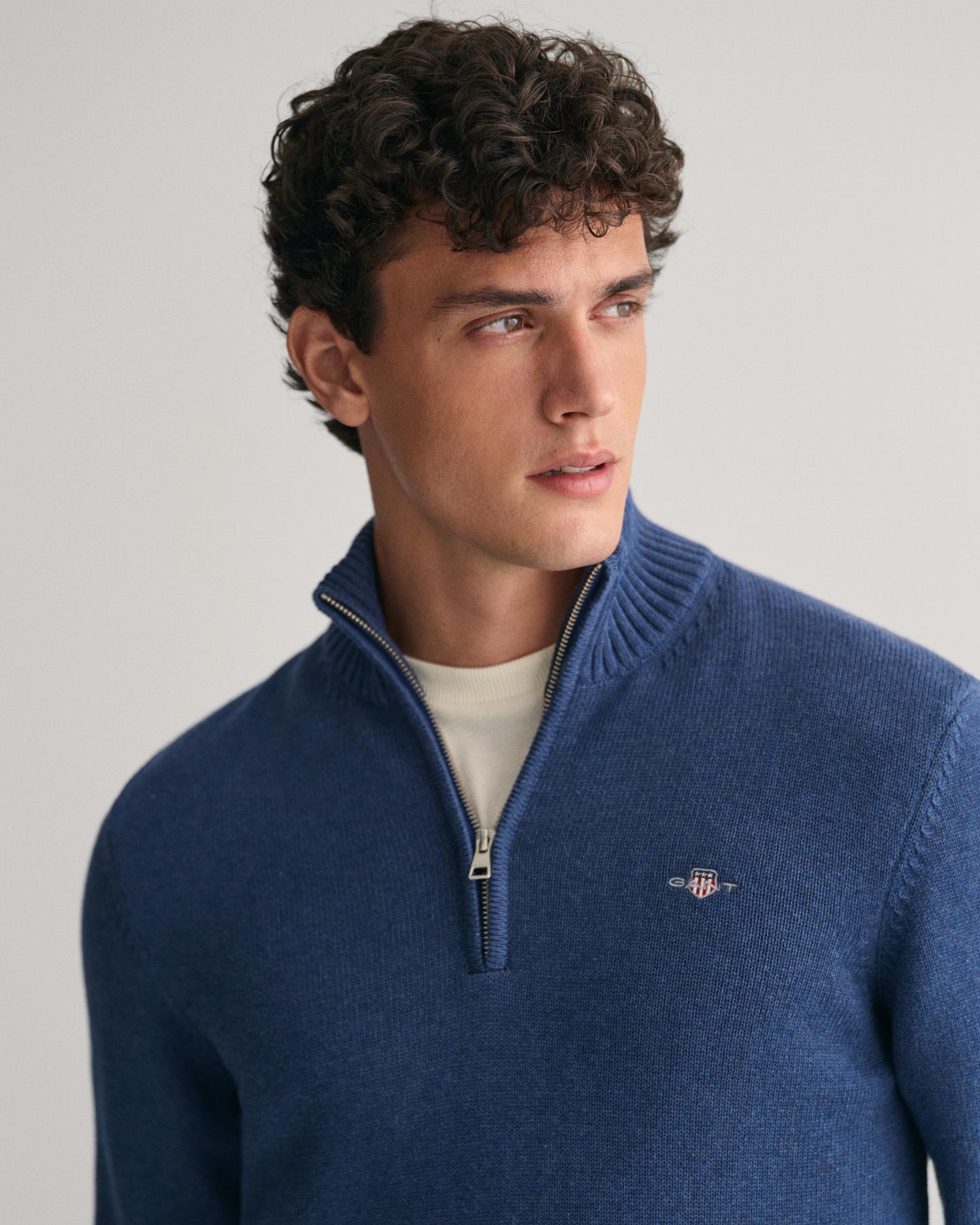 Casual Cotton Half Zip Dk Jeansblue Melange