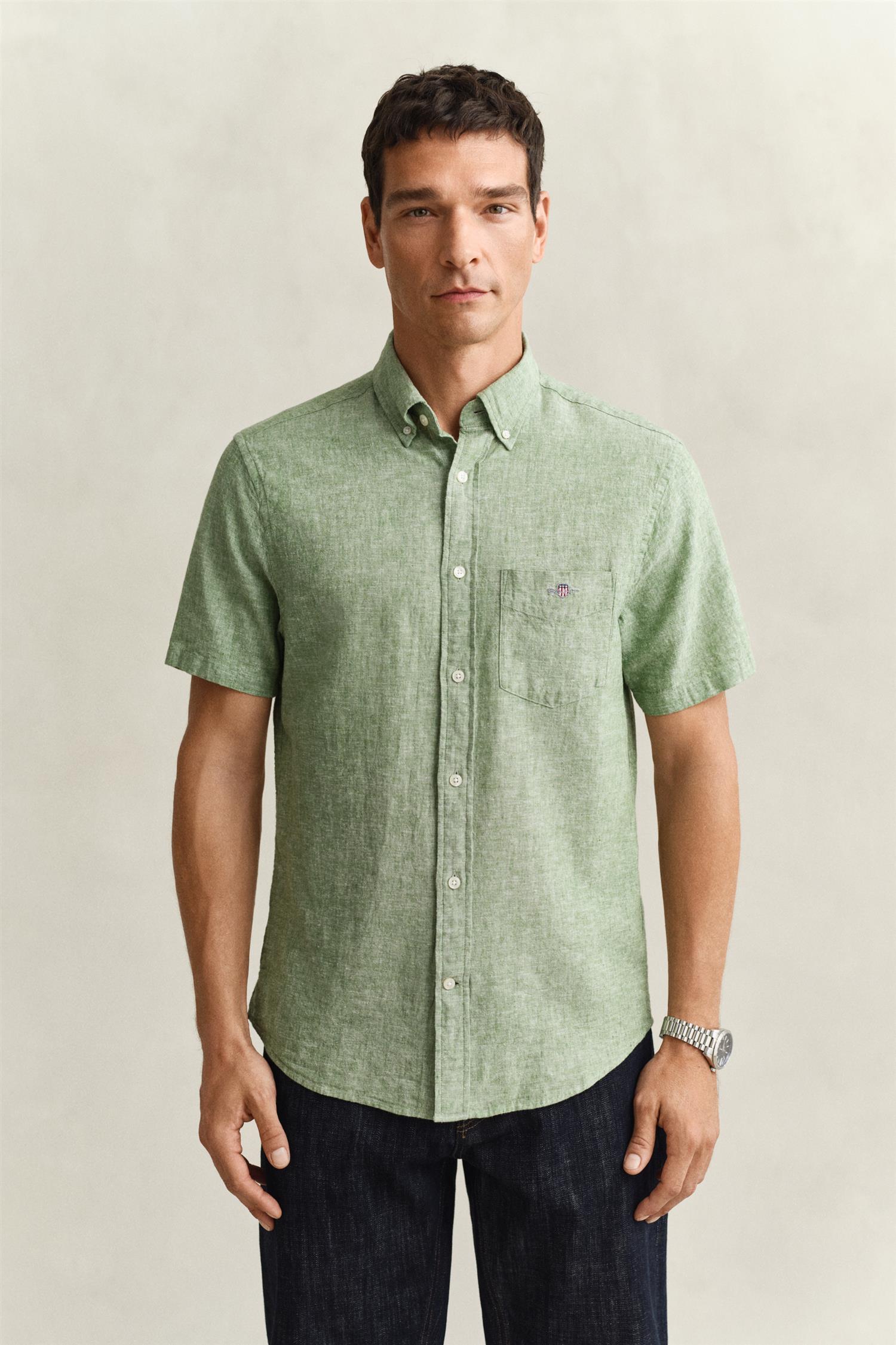 Reg Cotton Linen Ss Shirt Herb Green