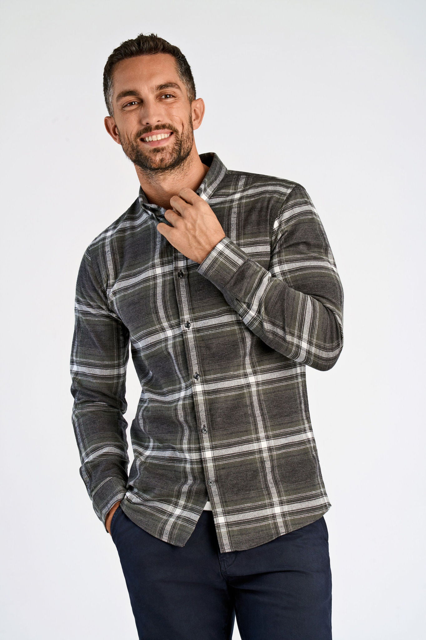 Brushed checked shirt L/S Dk Army