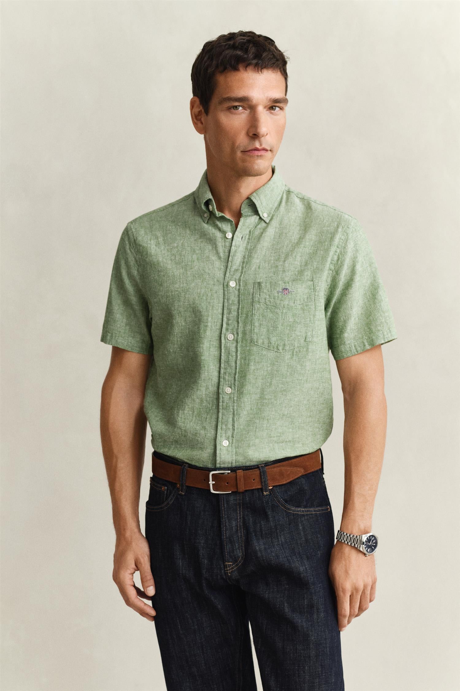 Reg Cotton Linen Ss Shirt Herb Green