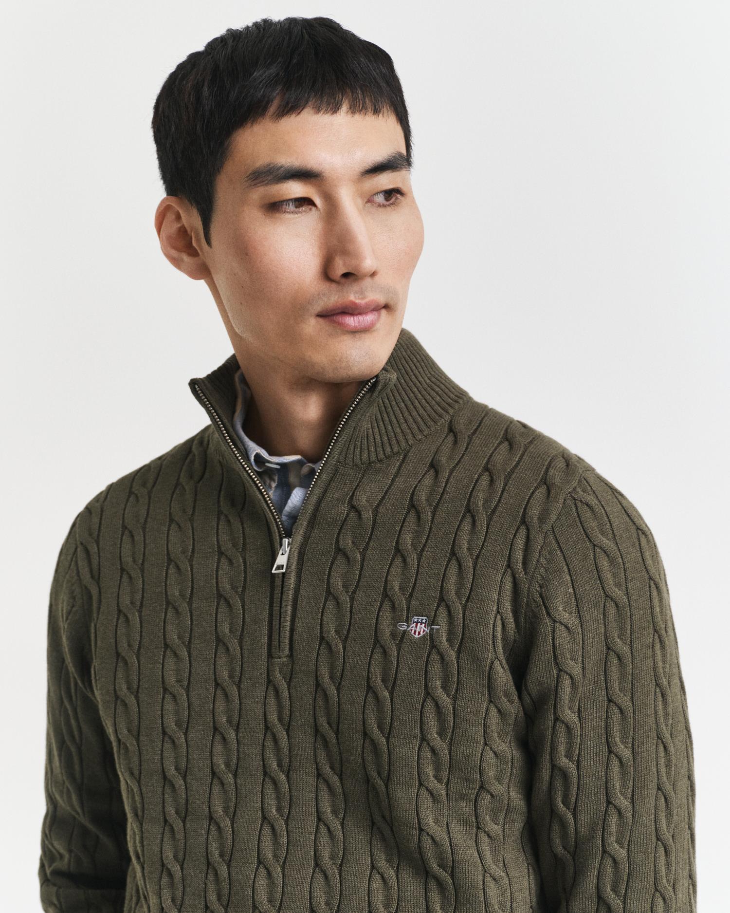 Cotton Cable Half Zip Khaki Green Mel