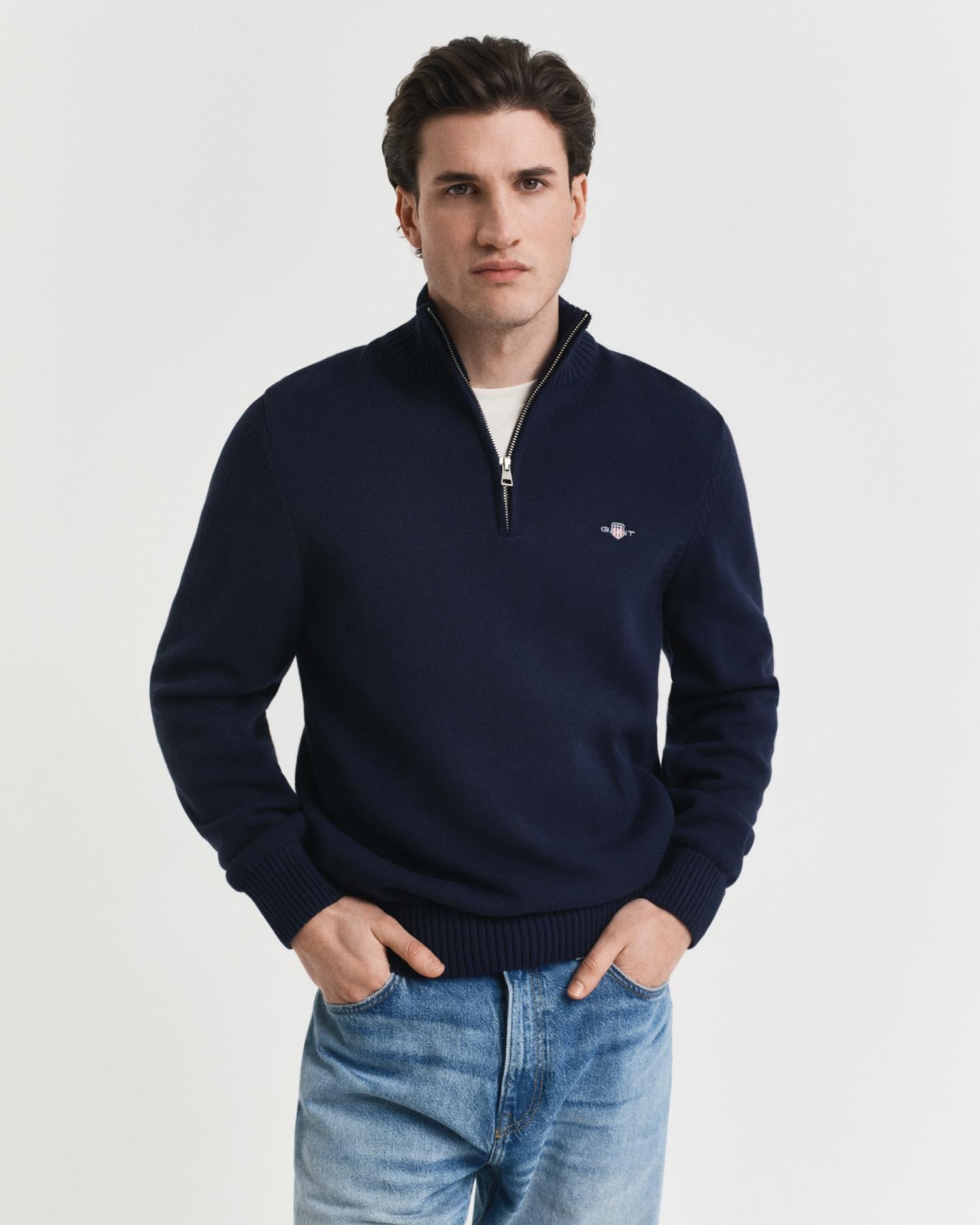 Cotton Sweater With Half-Zip Evening Blue