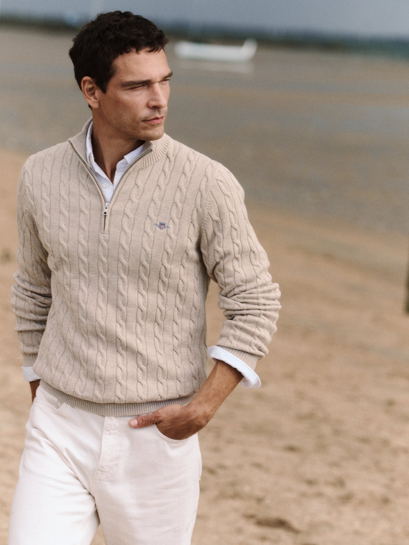 Cotton Cable Half Zip Oat Melange