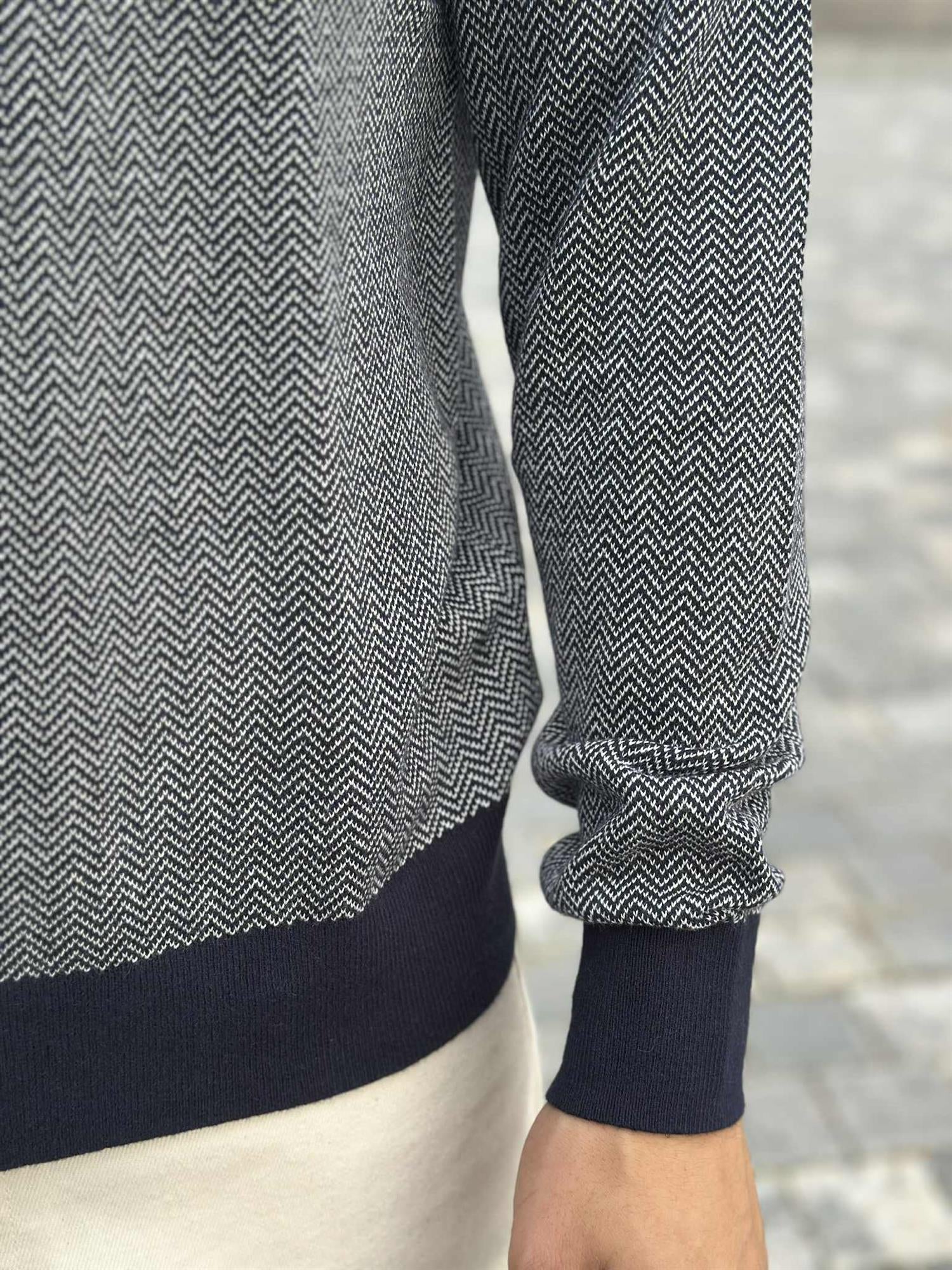 Pima Ctn Cash Herringbone Crew Desert Sky/Ivory Petal