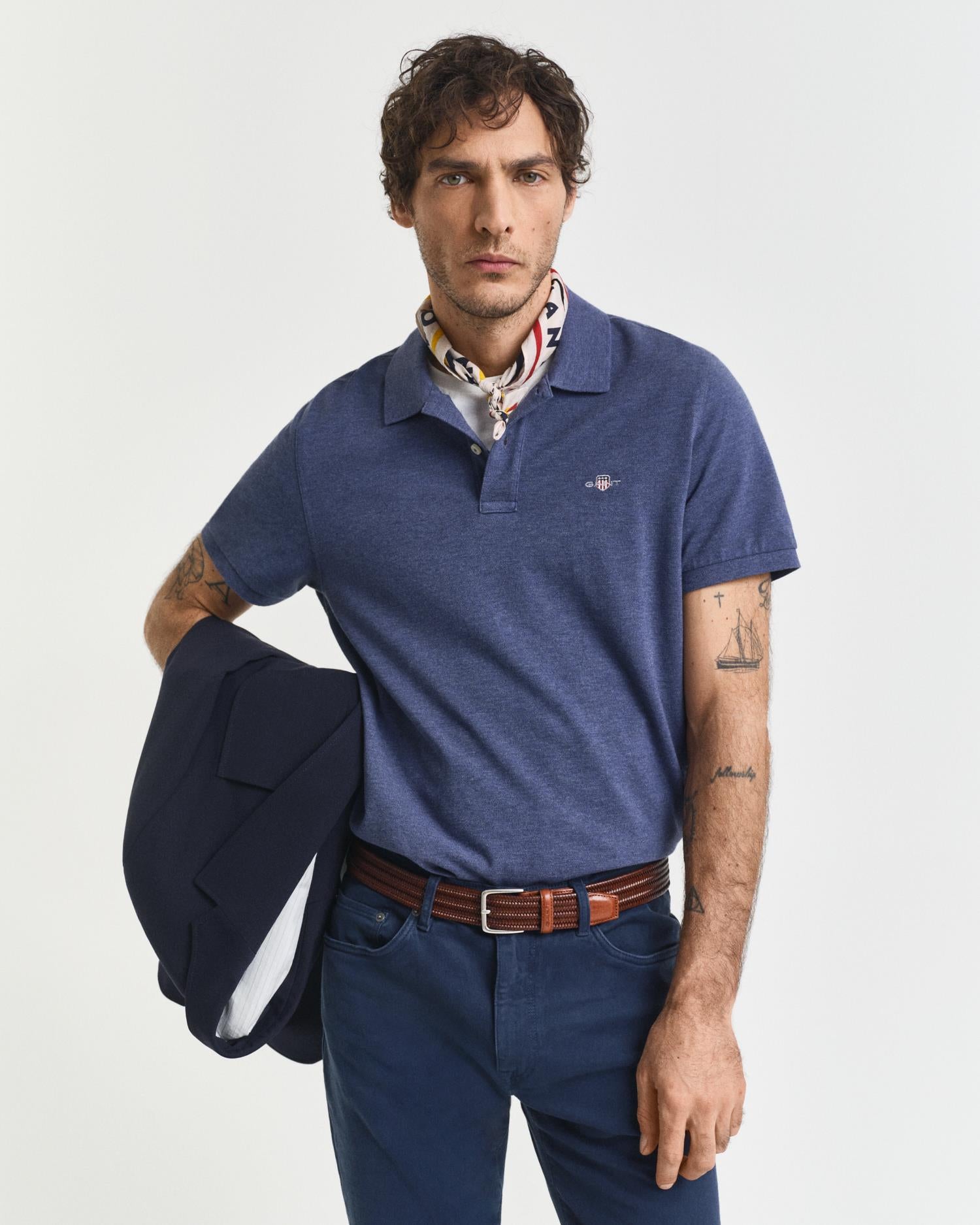 Reg Shield Ss Pique Polo Dk Jeansblue Melange