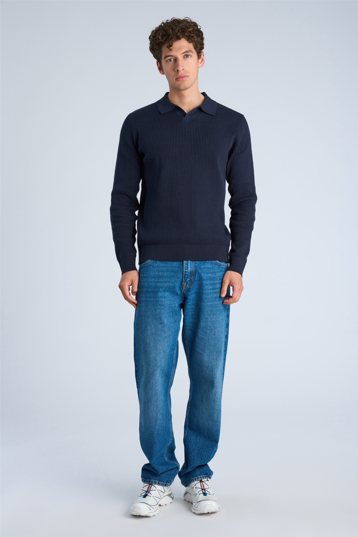 Ribbed L/s V-Neck Polo Navy