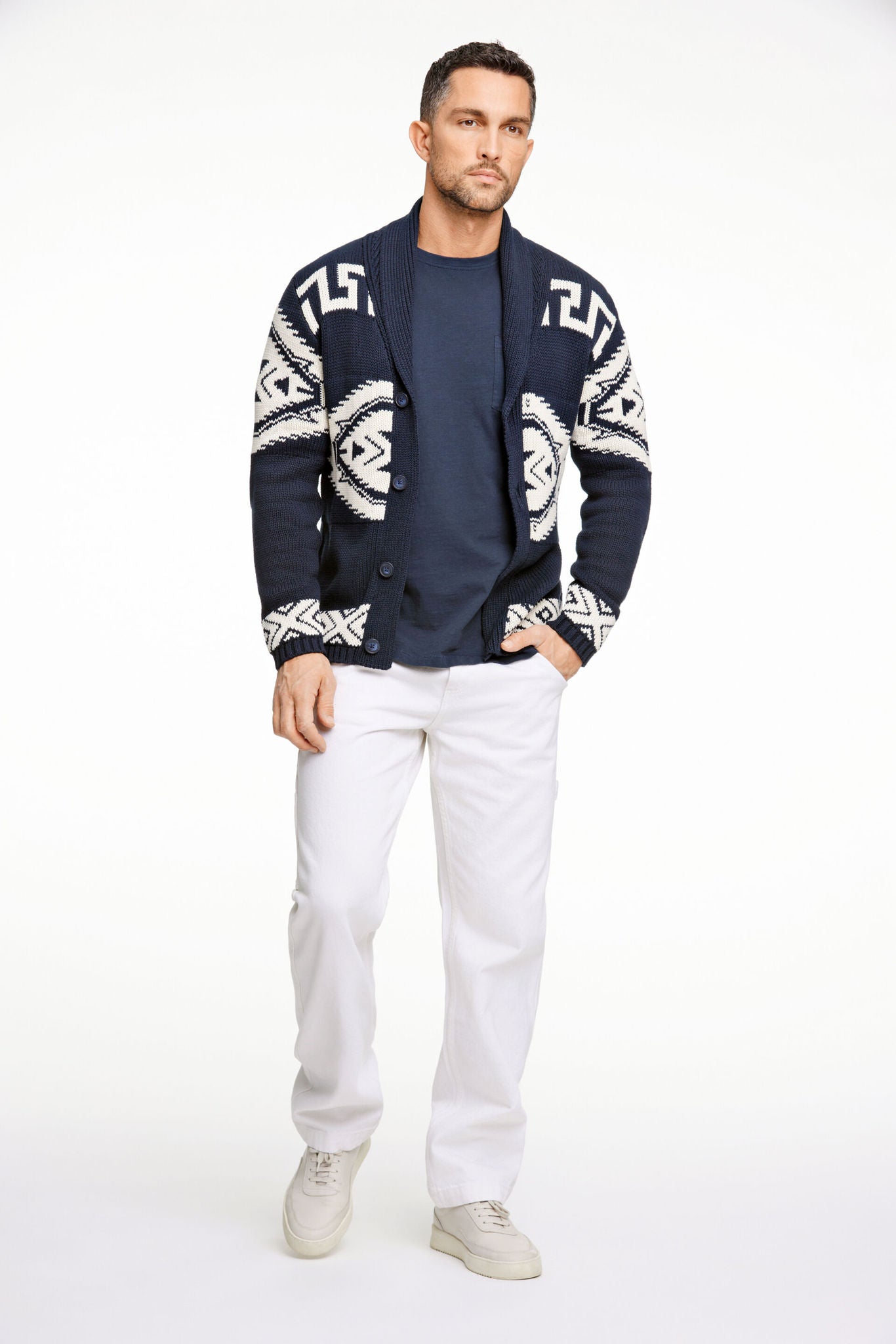 Shawl collar intarsia car Navy