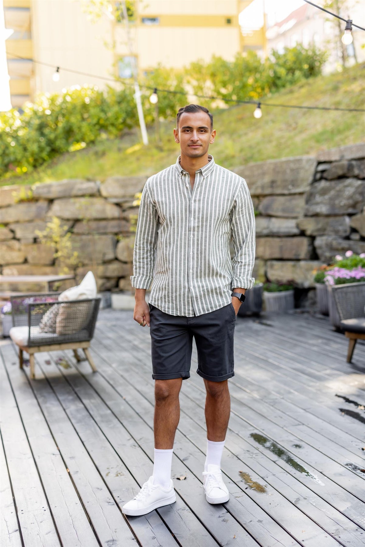 Striped cotton/linen shirt L/S Army