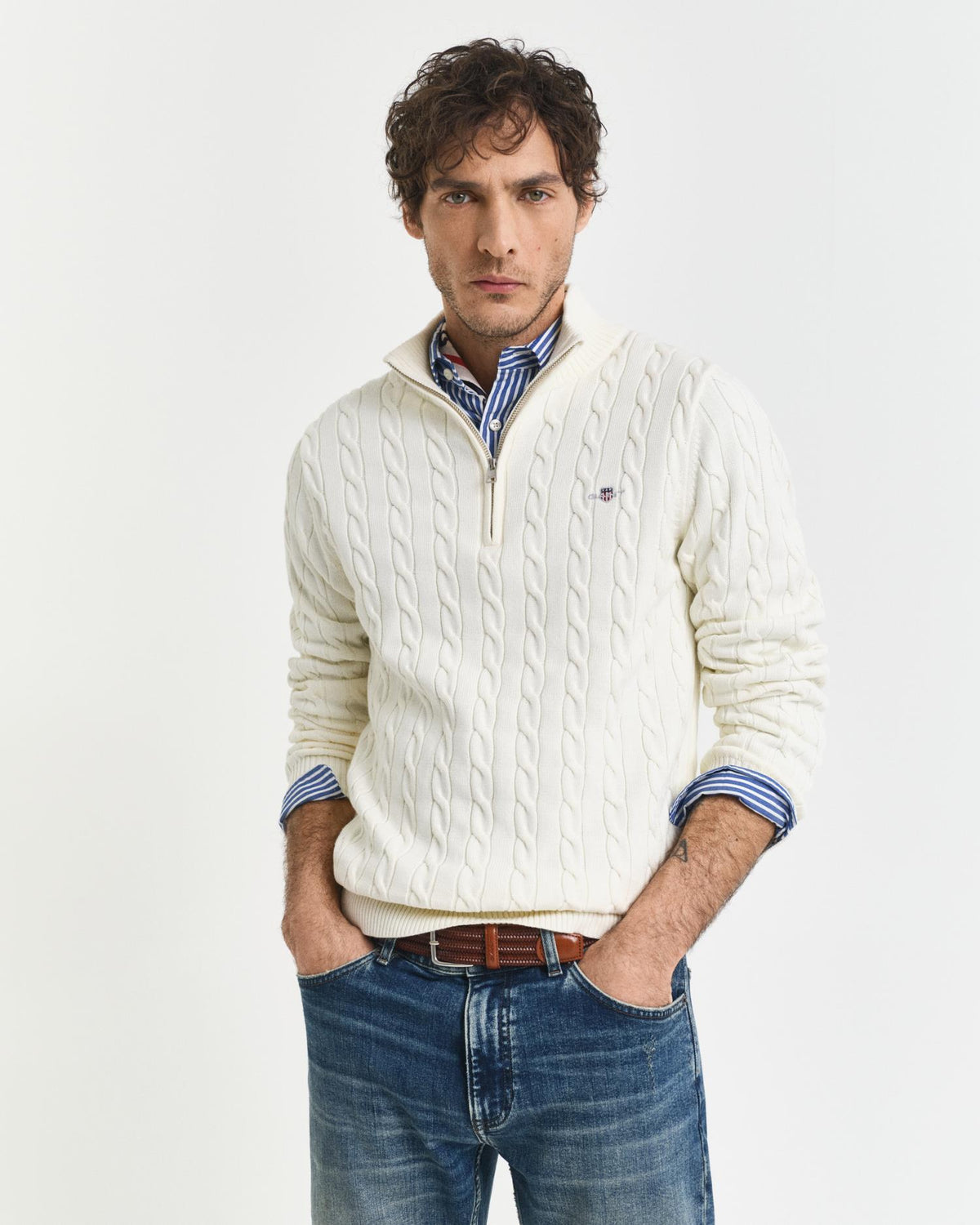 Cotton Cable Half Zip Cream