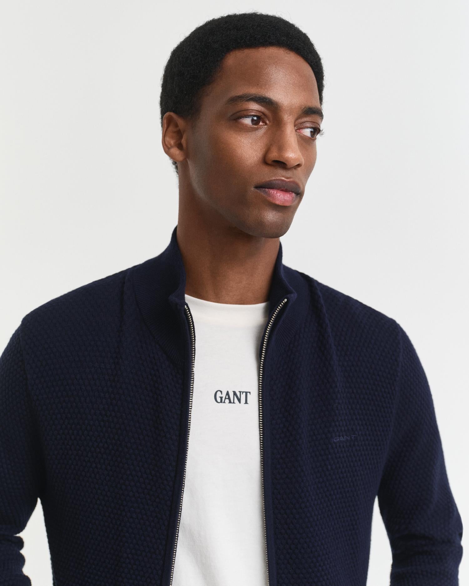 Textured Cotton Merino Cardigan Evening Blue