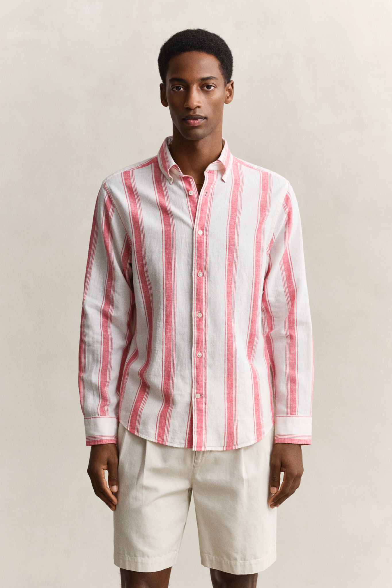 Reg Cotton Linen Stripe Shirt Rose Red