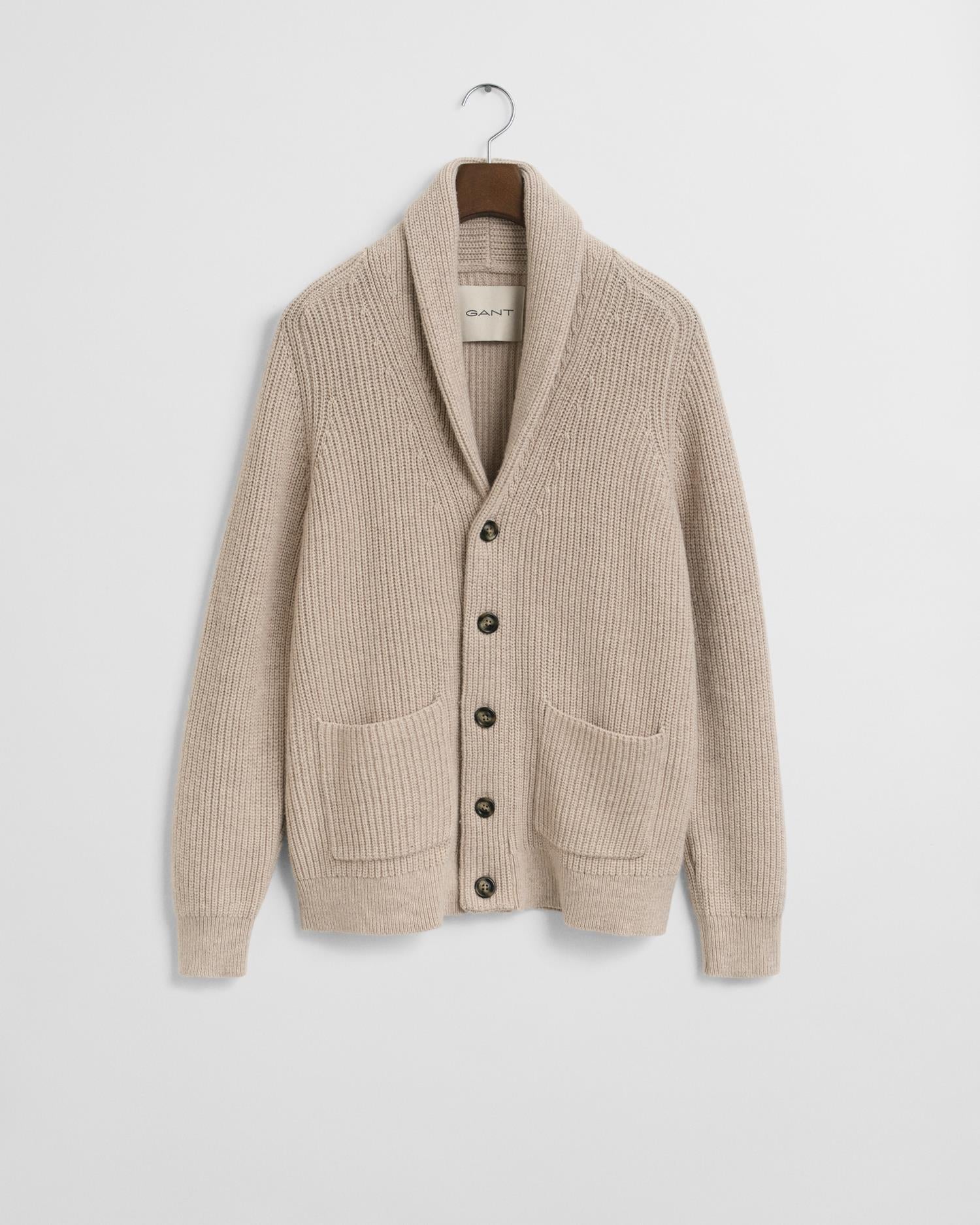 Wool Blend Shawl Collar Cardigan Light Beige Melange