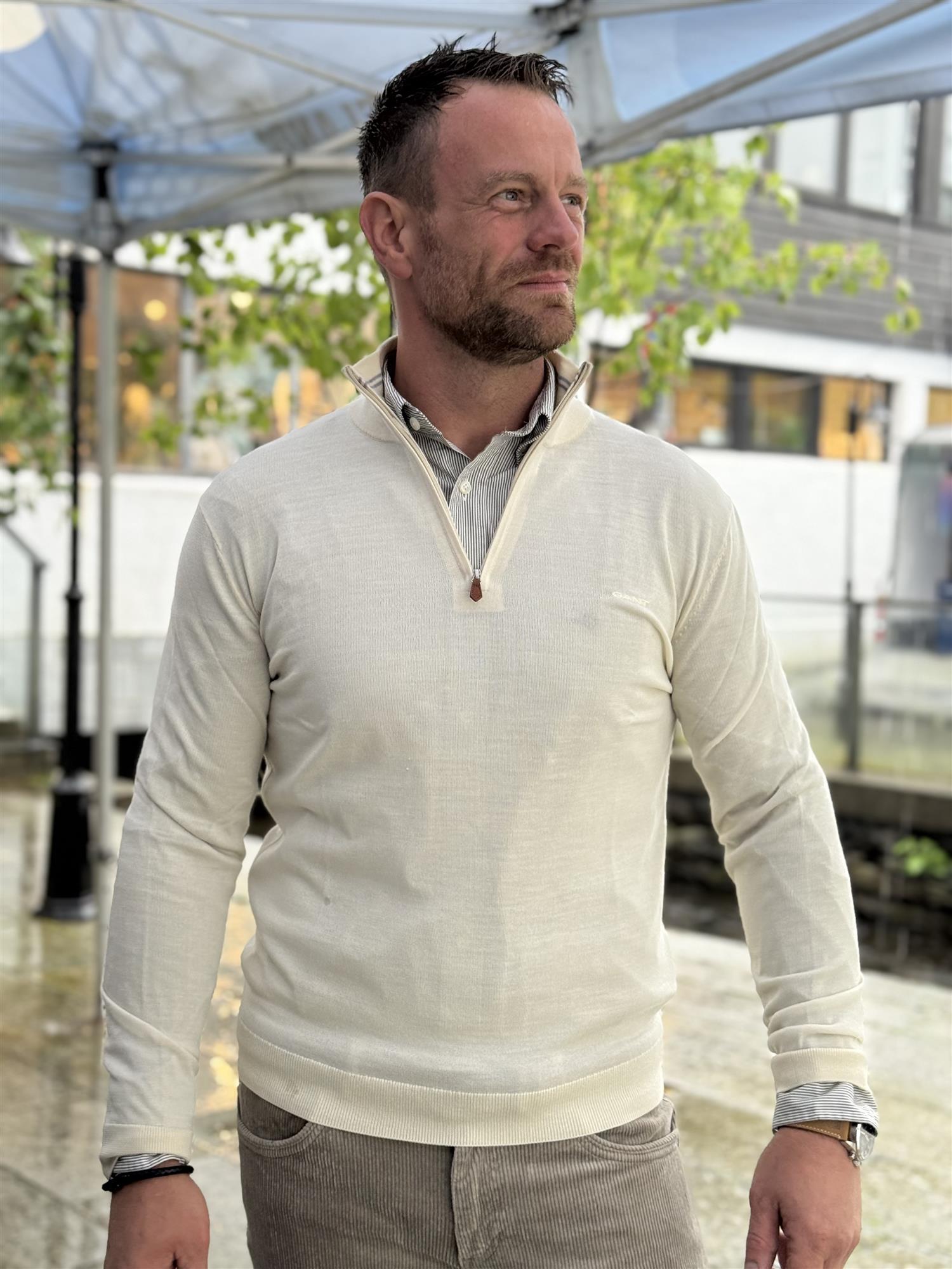 EXTRAFINE MERINO WOOL HALF ZIP Ivory White