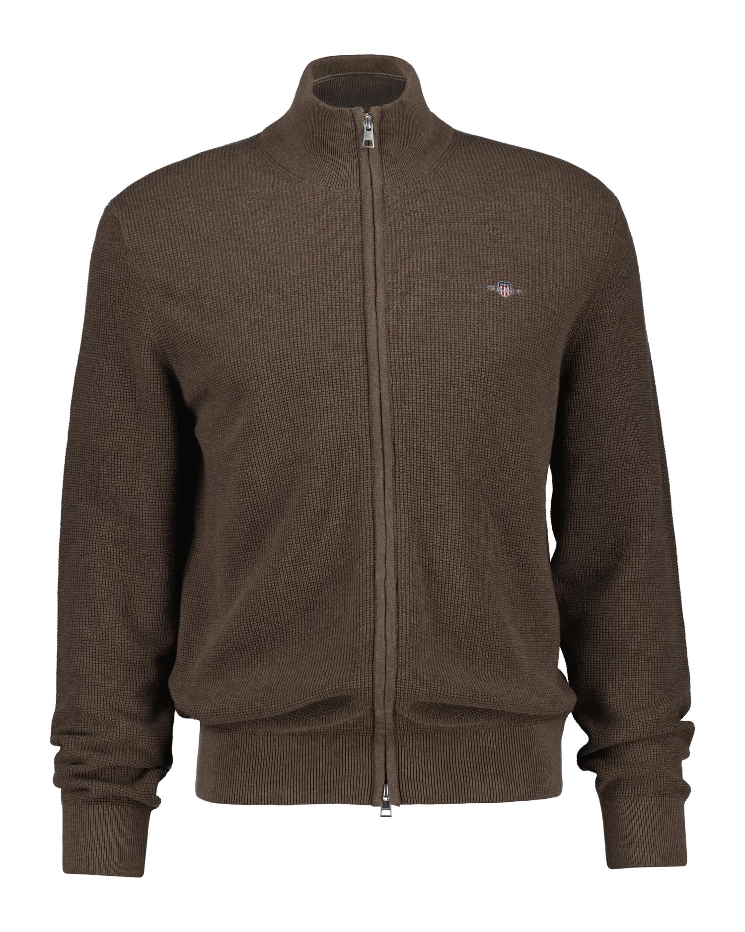 Waffle Knit Zip Cardigan Dark Hazelnut Melange