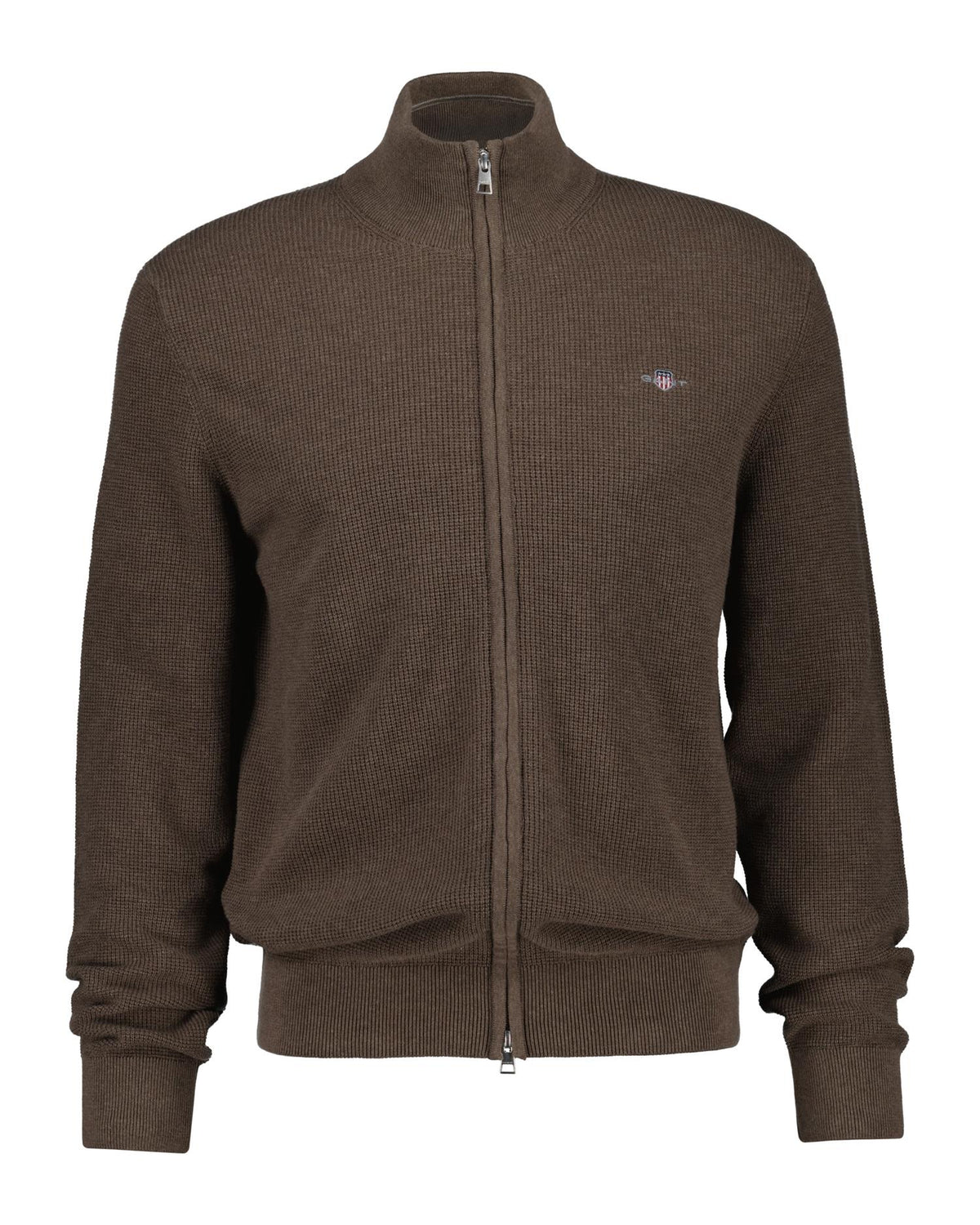 Waffle Knit Zip Cardigan Dark Hazelnut Melange