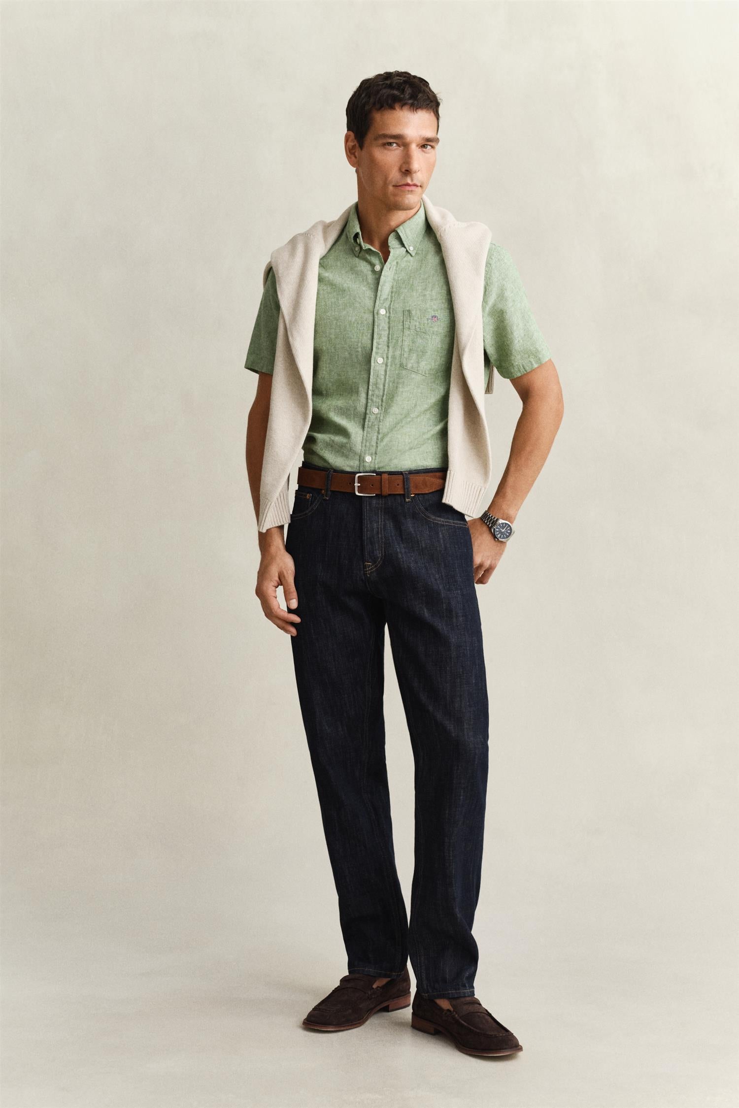 Reg Cotton Linen Ss Shirt Herb Green