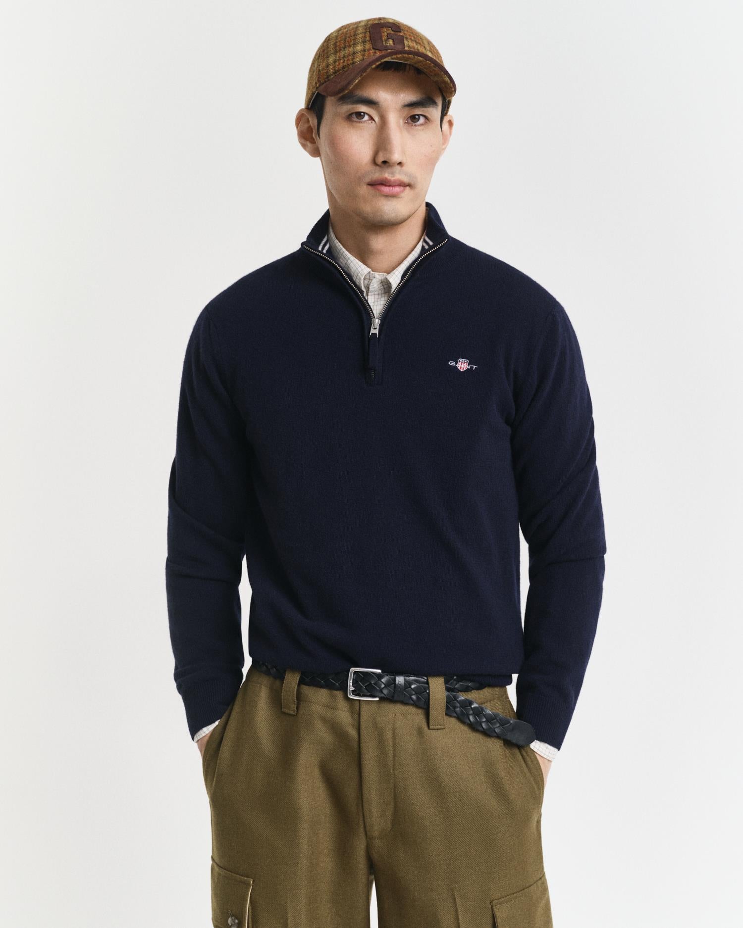 Lammeullsgenser Med Half-Zip Marine