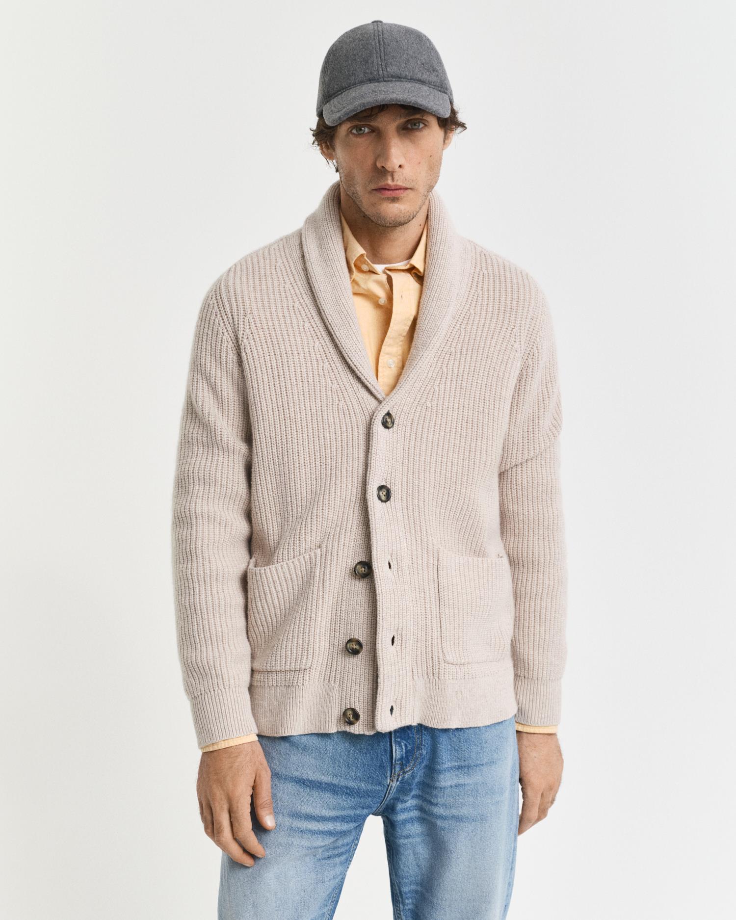 Wool Blend Shawl Collar Cardigan Light Beige Melange