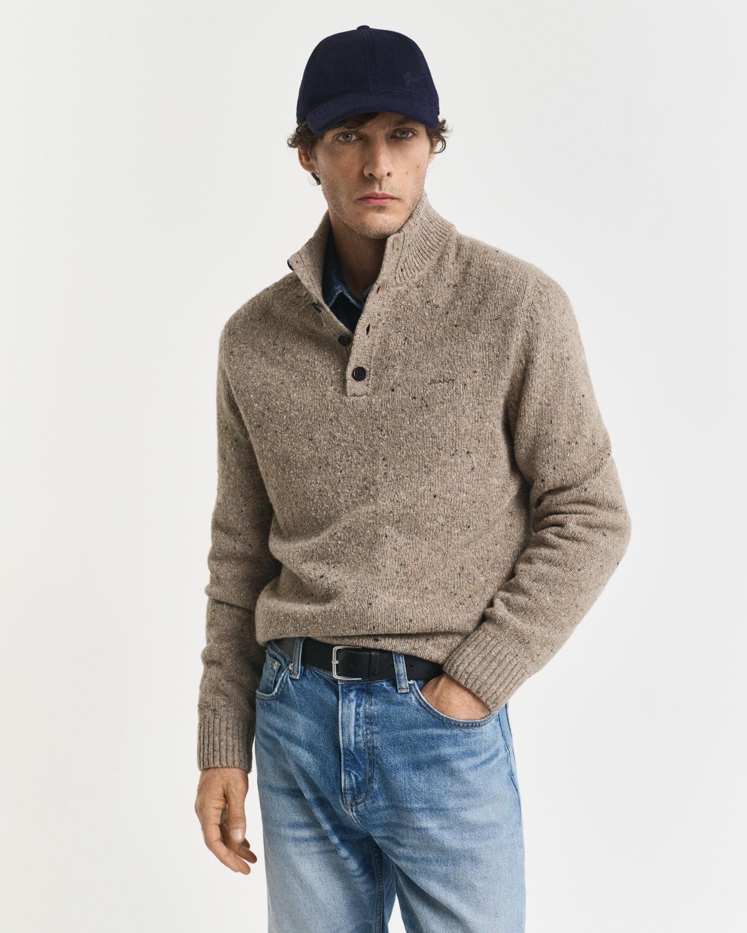 Wool Blend Neps Half Buttoned Dk. Sand Melange
